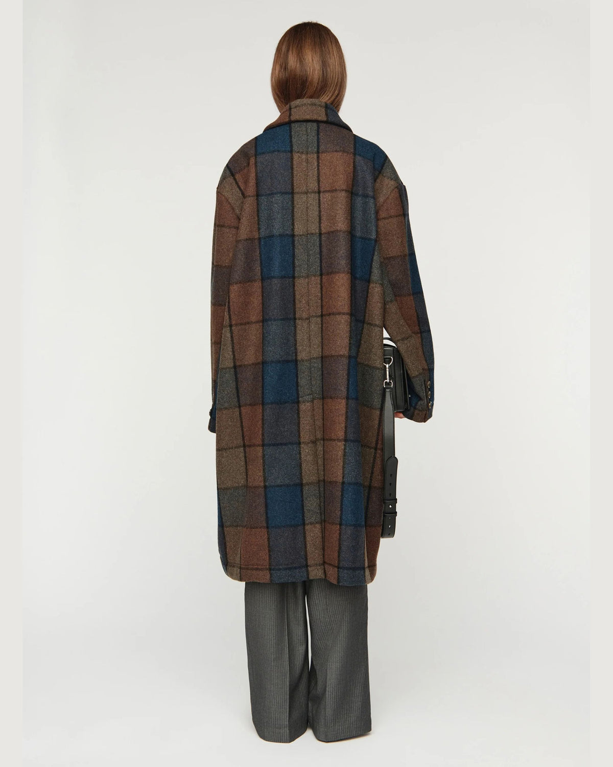 Song for the Mute Double Breasted Overcoat in Bear Check, back view on model