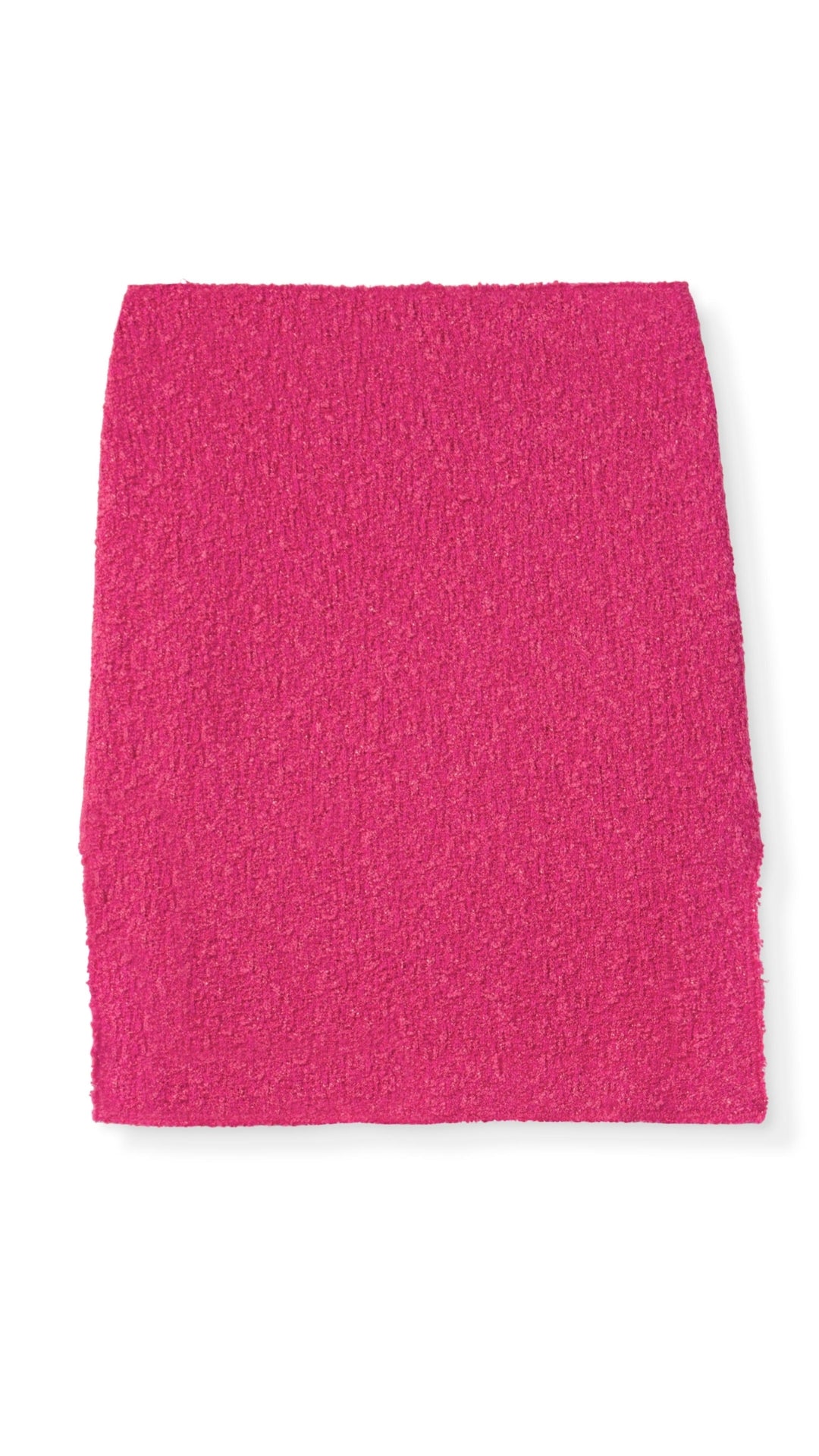 St. John Boucle Knit Skirt Hot Pink Mini Skirt Metallic Luxury Knitwear Experience 27 Madrid with side hem cut outs. Product photo front facing.
