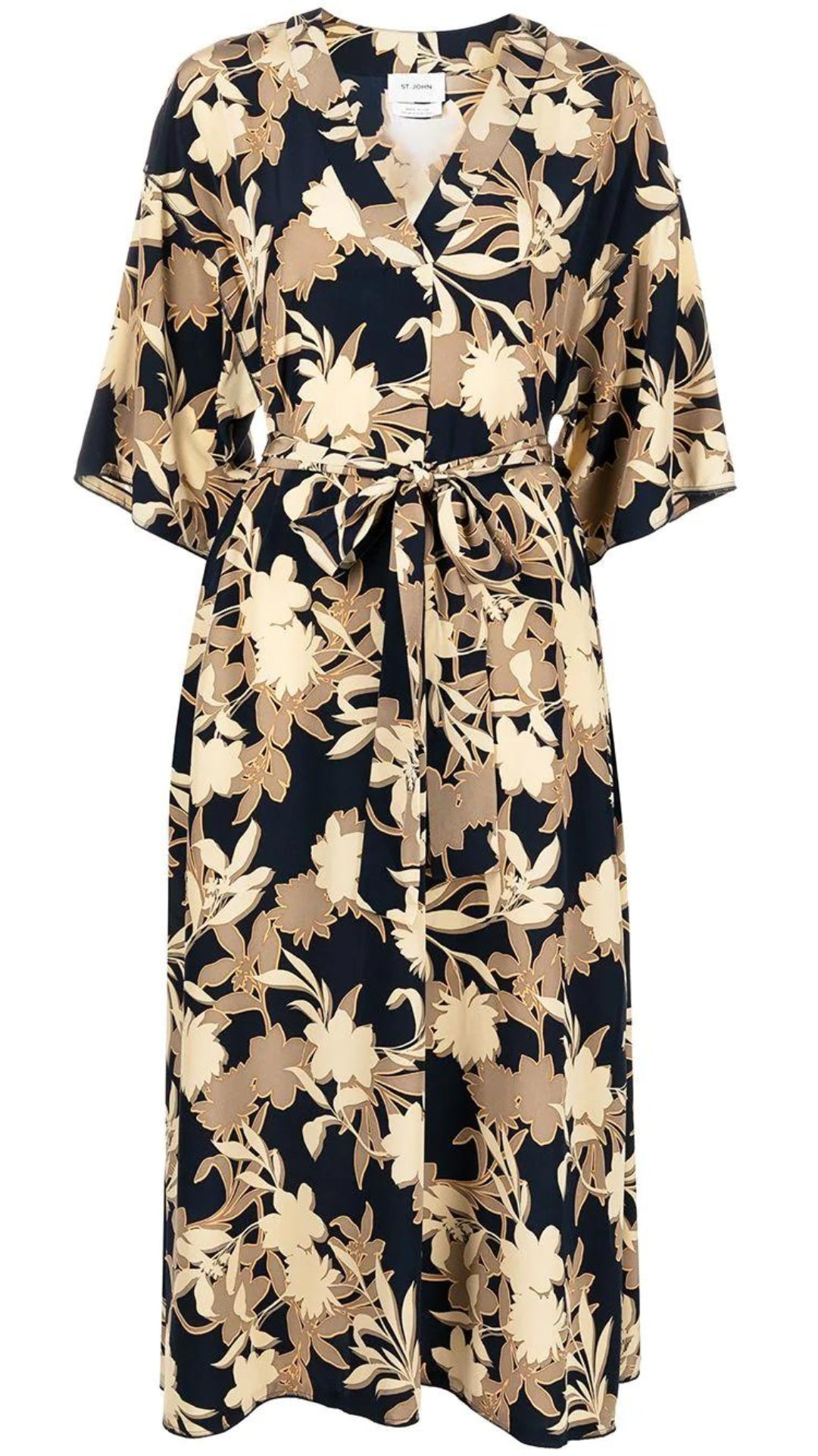 St John Knits Floral Print Silk Midi Dress. Kimono style dress in natural tones and navy blue. With a silk tie belt and half length sleeves. Midi length. Product photo front facing.