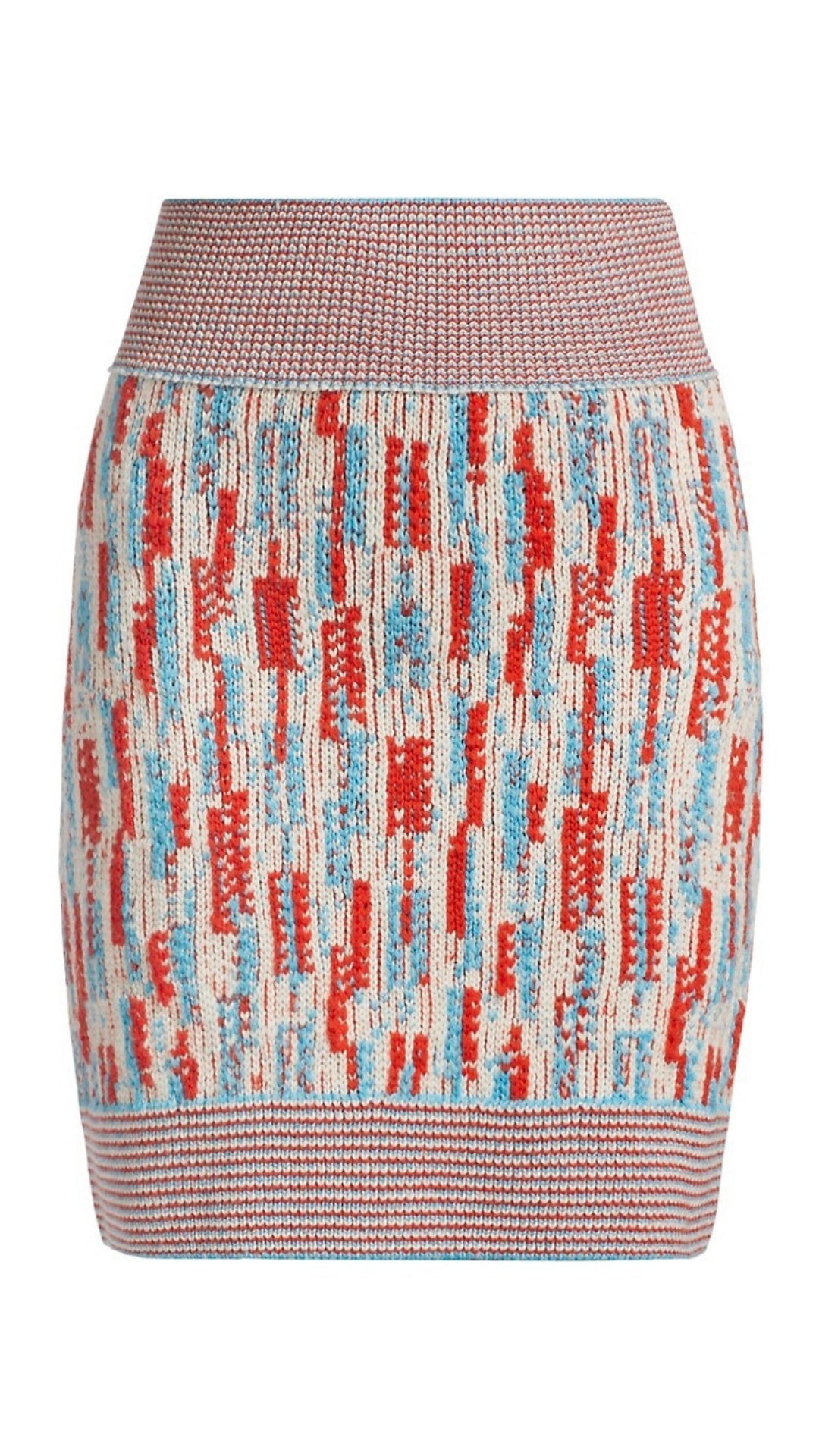 St. John Knit Mini Skirt in pattern of ecru, red and turquoise with contrasting waistband and hem. Pull up style. The hemline lands to just above the knee. Product photo shown from the front.