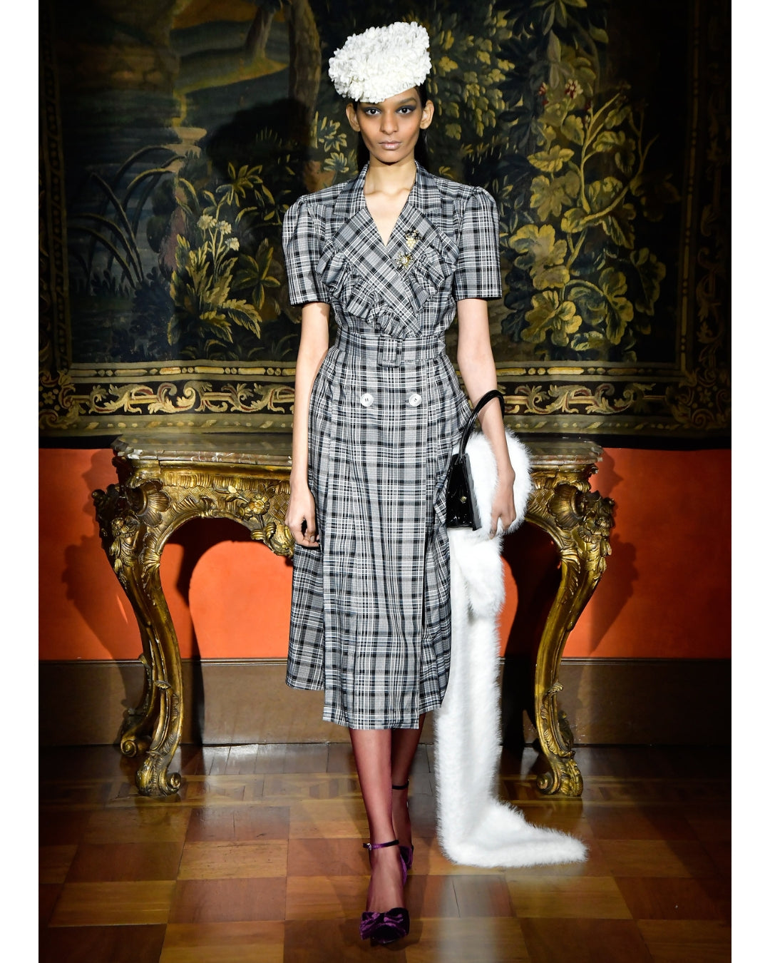 Henri Paris, Checked Double-Breasted Midi Dress with Ruffle Bib, runway look showing full silhouette with belt, ruffle bib and puff sleeves, Experience 27