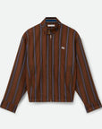 Wales Bonner Life Jacket Italian-made jacket crafted from lightweight herringbone wool in deep brown and blue stripe colors. This coat features long sleeves and a front zipper. Flat photo shown front facing.