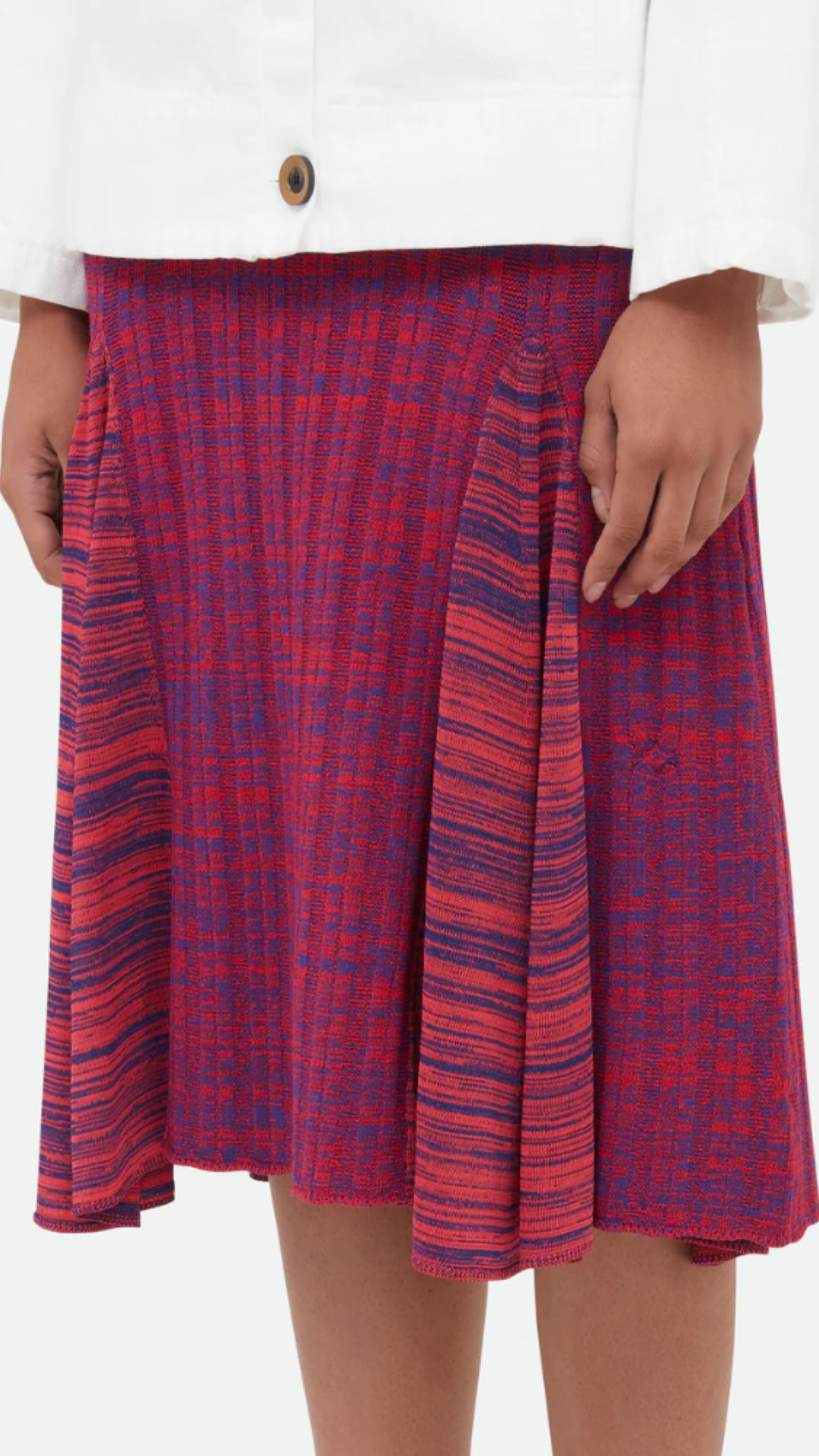 Wales Bonner Nile Skirt This A-line midi skirt features an elastic waist and beautiful pleats at the mid-thigh. Woven striped pattern in red and purples. The skirt falls to knee length. Detail photo of skirt on model.