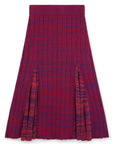 Wales Bonner Nile Skirt This A-line midi skirt features an elastic waist and beautiful pleats at the mid-thigh. Woven striped pattern in red and purples. The skirt falls to knee length. Flat product photo.