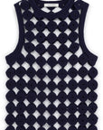 Wales Bonner Stanza Knit Vest Crafted from an open knit cotton and lycra blend in navy blue. A sleeveless style vest top with a rounded neckline. Product photo shown from front.