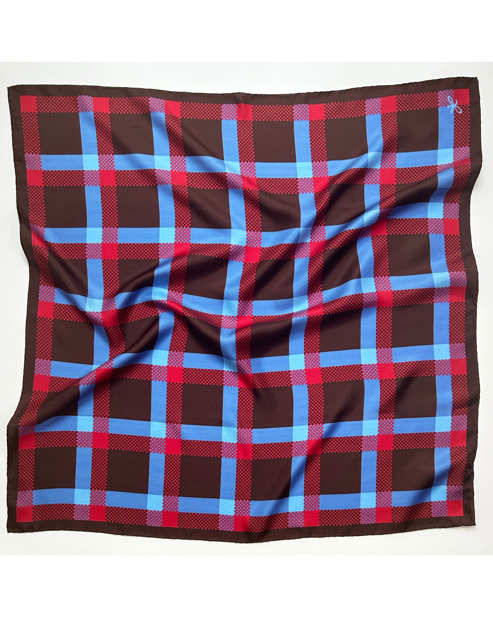 Brown silk scarf with red and blue tartan check pattern
