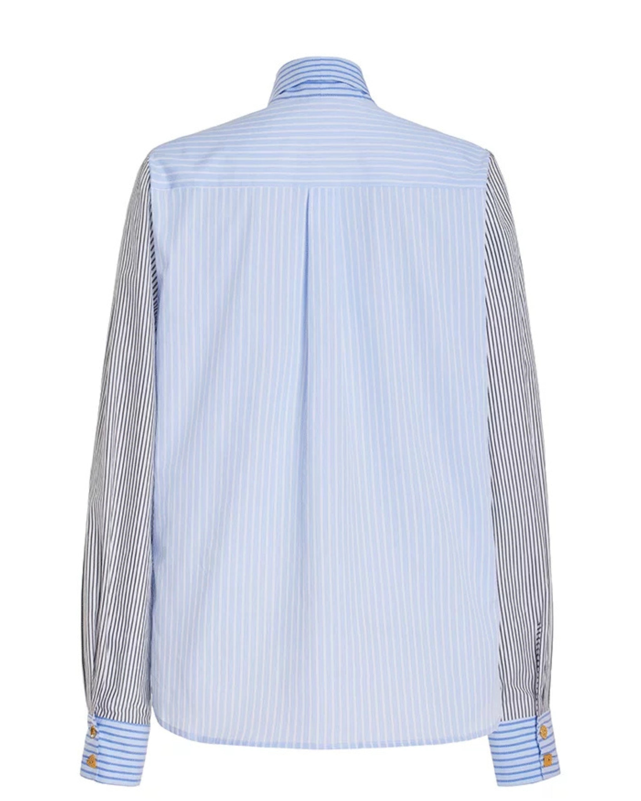 Back view showing contrasting stripe sleeves and tailored yoke