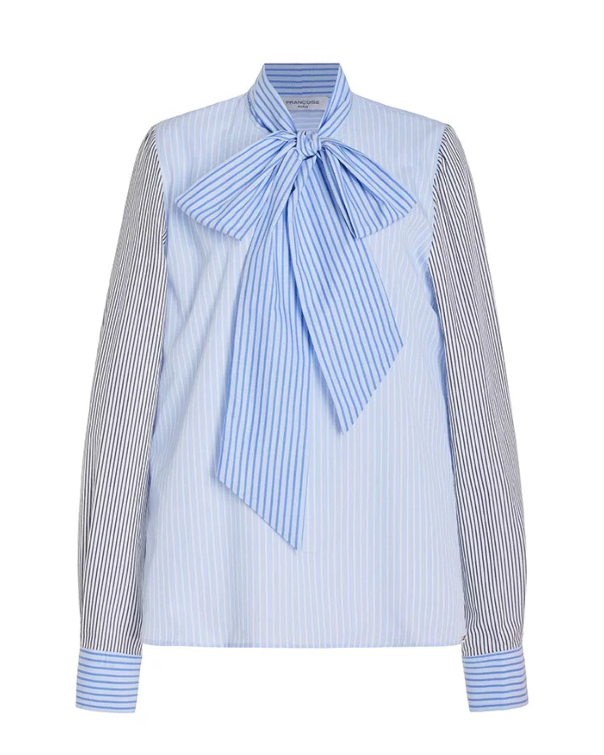Front view of Françoise Lucie Cotton Pussy-Bow Blouse in blue striped poplin