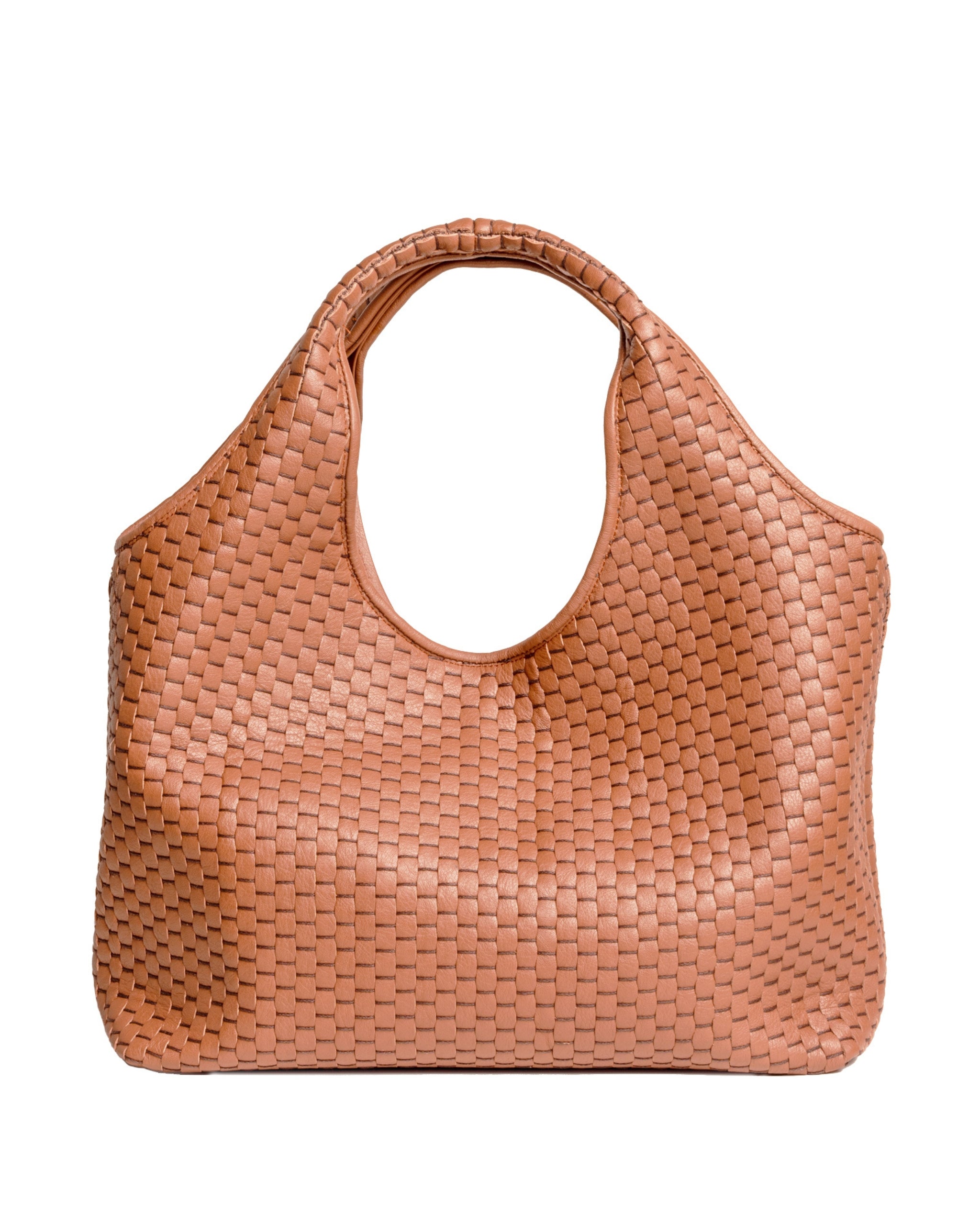 Parise ‘1312’ Handbag in Brandy
 — front view showcasing handwoven Italian leather and smooth structured base.