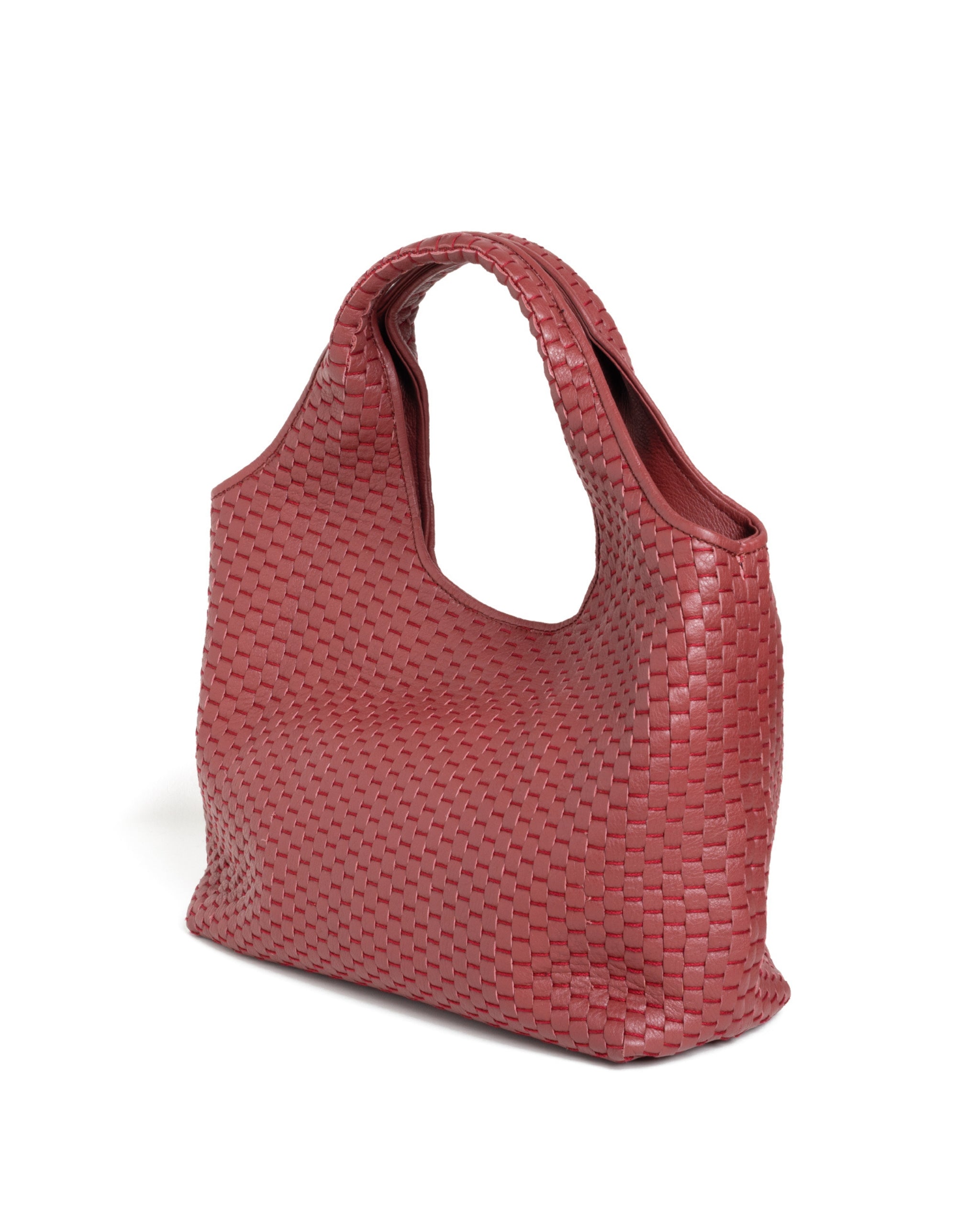 Three-quarter angled view of the Parise ‘1312’ Handbag in Chianti showing sculpted handles and woven craftsmanship.