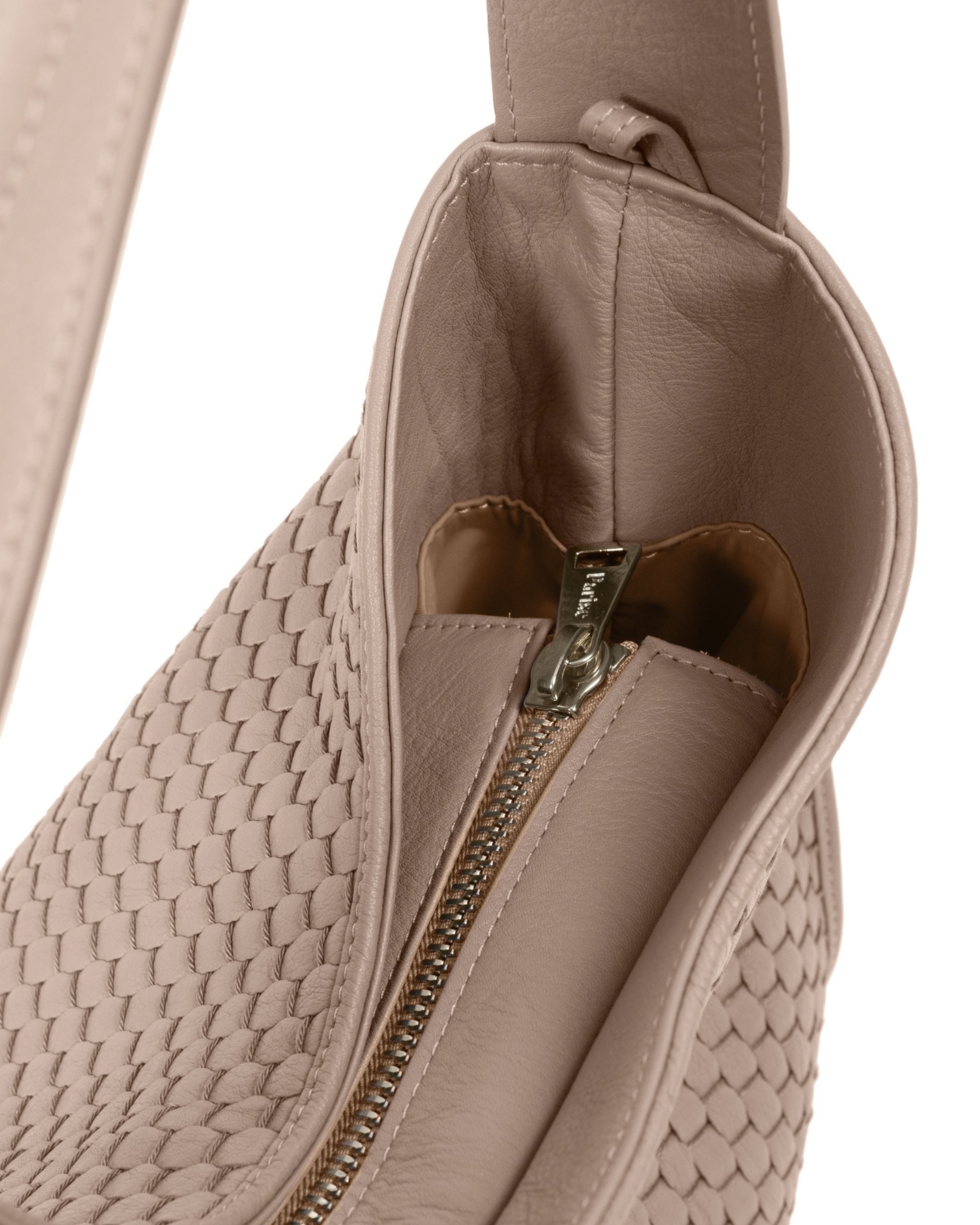 Close-up of Parise ‘697’ Hobo Bag in acacia showing white gold-tone hardware and fine handwoven texture.