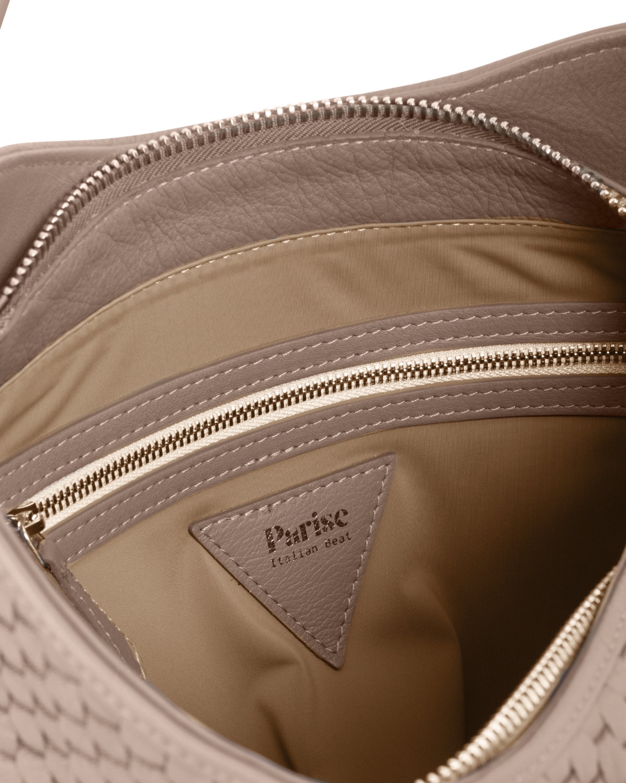 Inside of the Parise ‘697’ Hobo Bag in black, featuring soft cotton lining, zip pocket, and leather compartments.