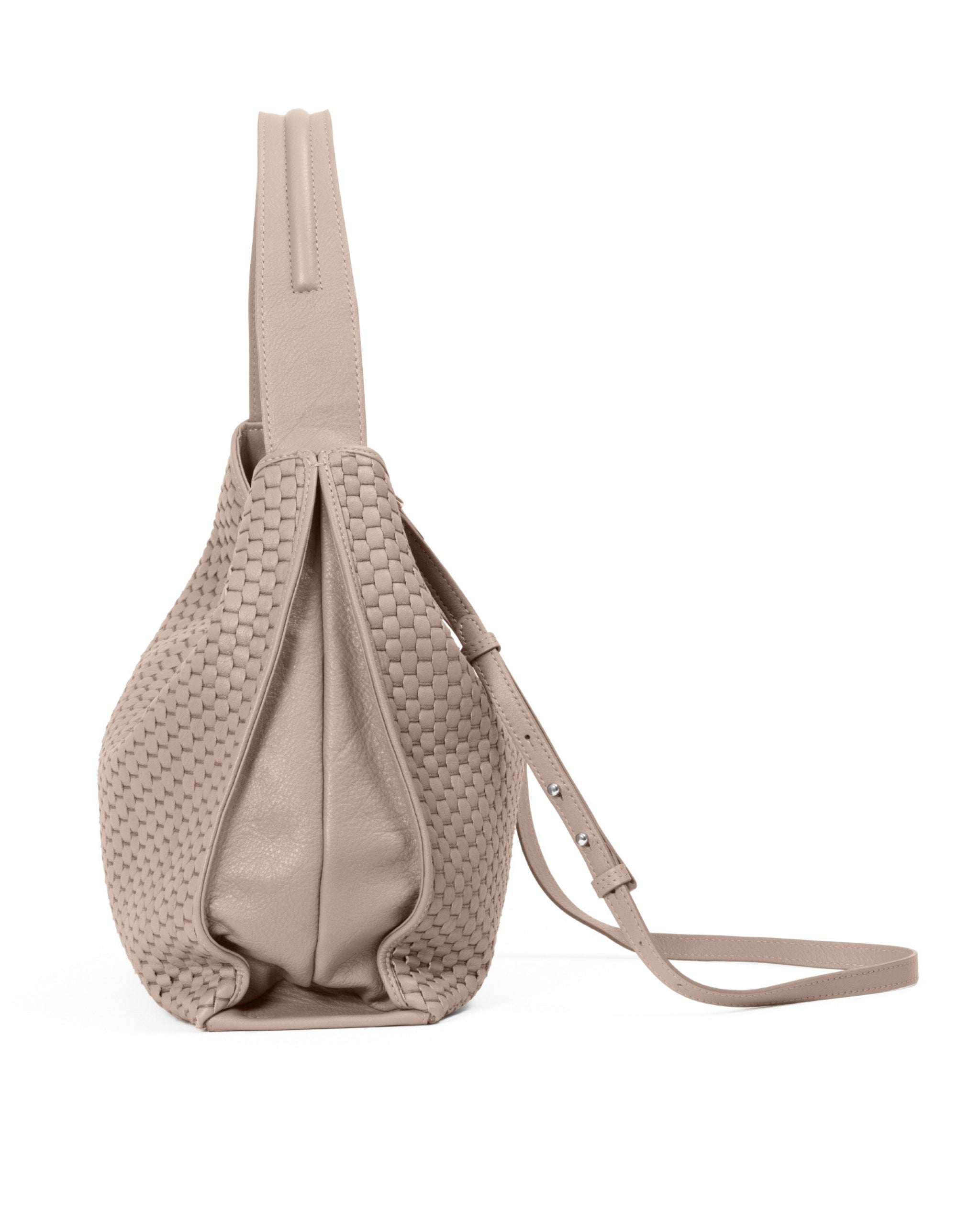 Side profile of the Parise ‘697’ Hobo Bag in acacia, highlighting its structured yet slouchy form and wide shoulder handle.