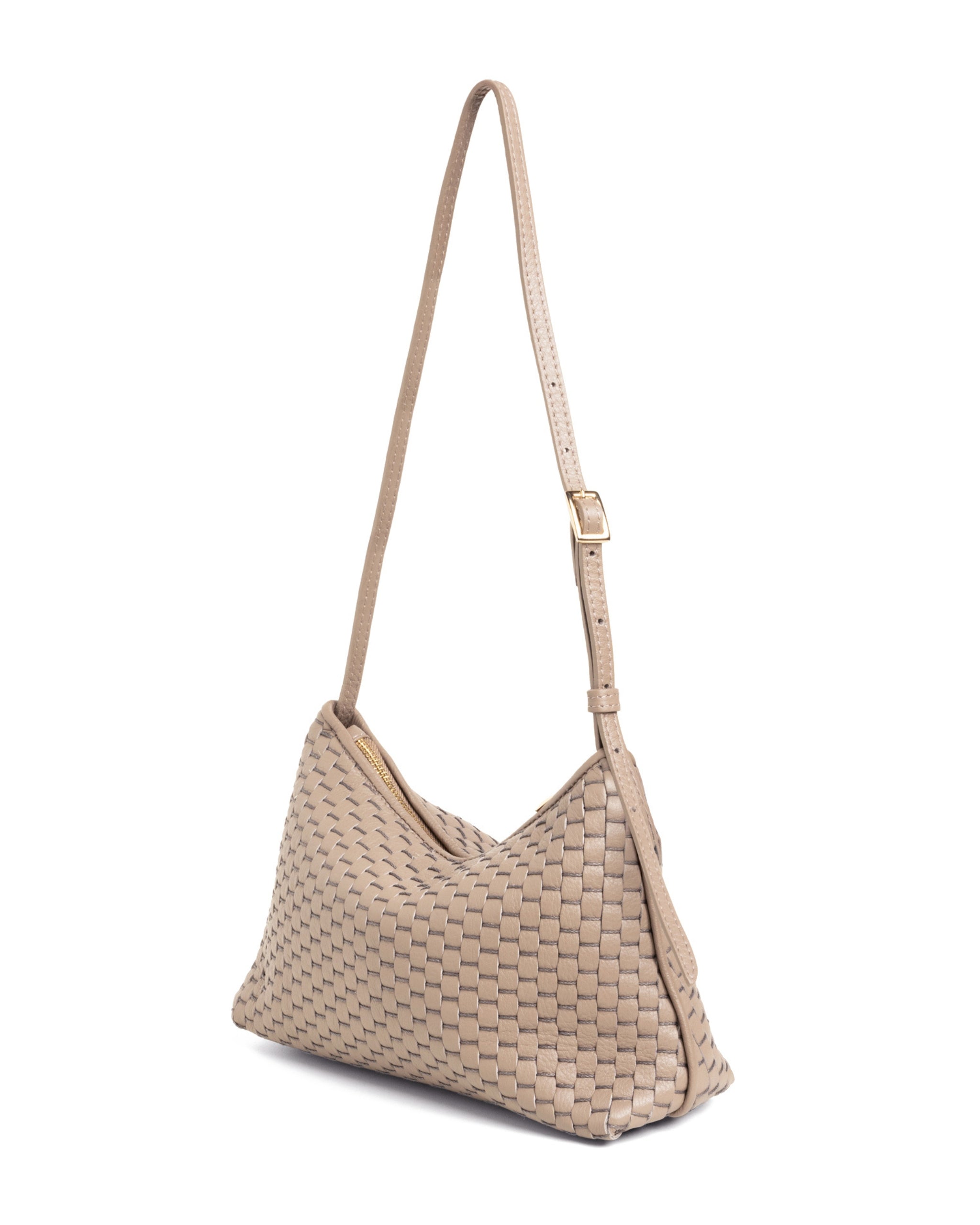 Three-quarter view of the Parise ‘81’ Baguette Bag in Acacia displaying its woven texture and slim, elongated shape.