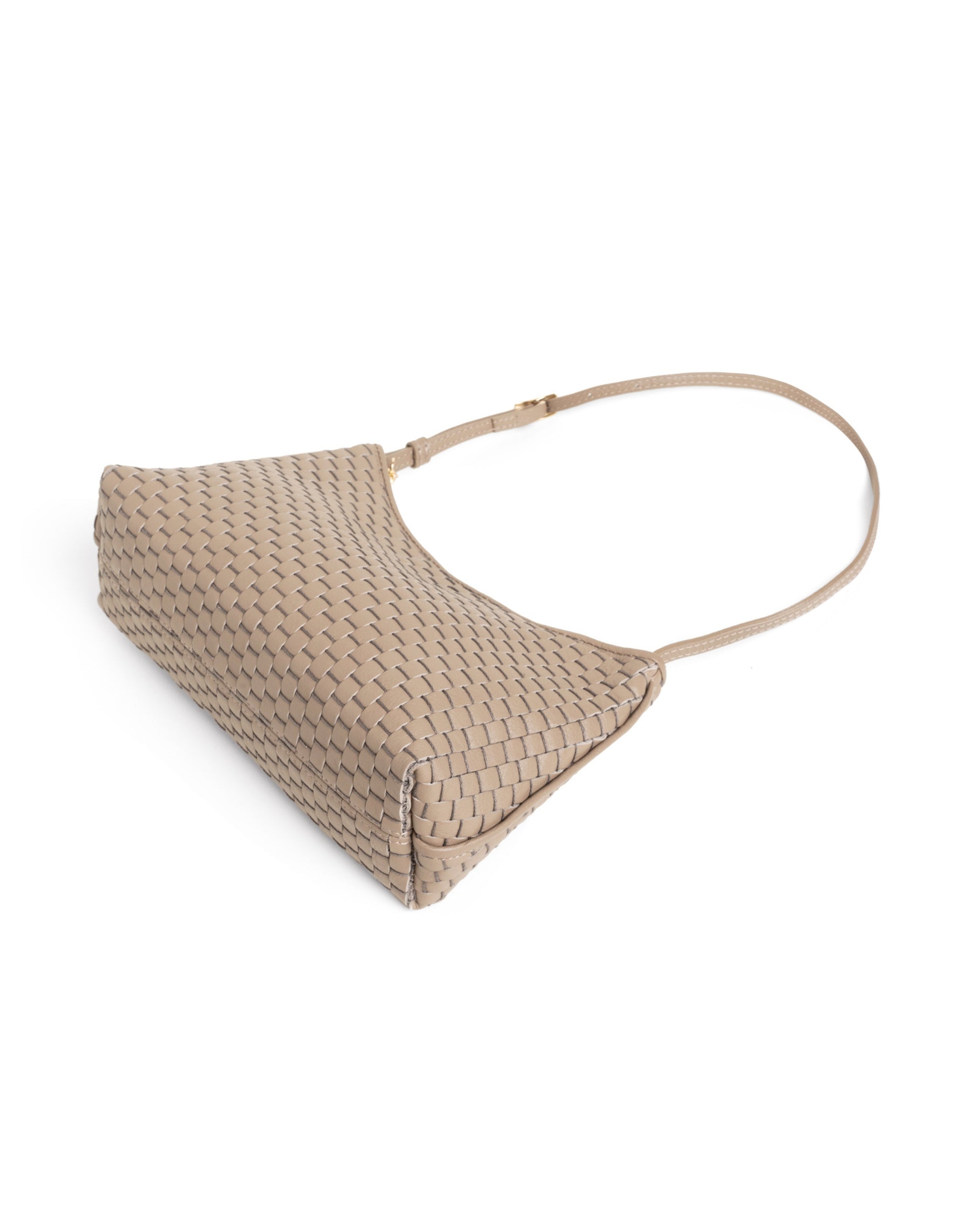 Side profile of the Parise ‘81’ Baguette Bag in Acacia showing smooth base and adjustable shoulder strap.