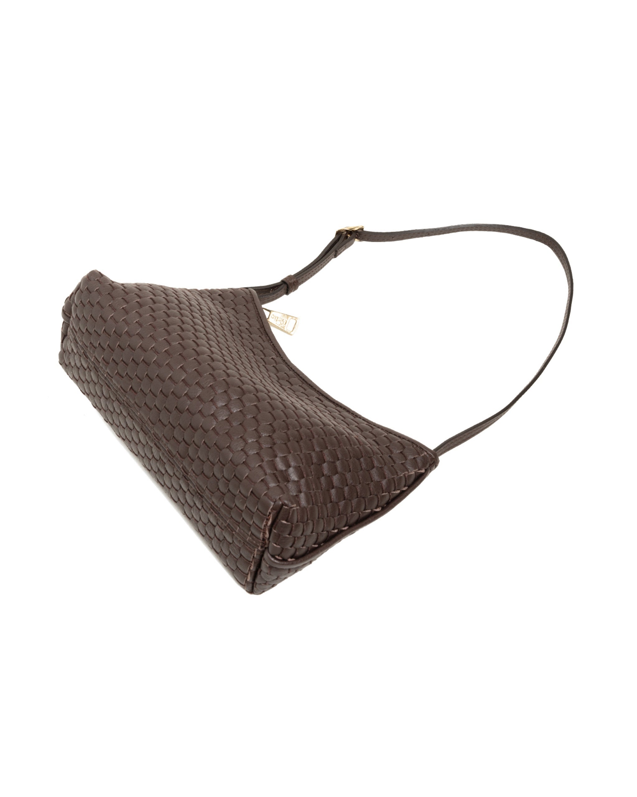 Side profile of the Parise ‘81’ Baguette Bag in Ebony
 showing smooth base and adjustable shoulder strap.