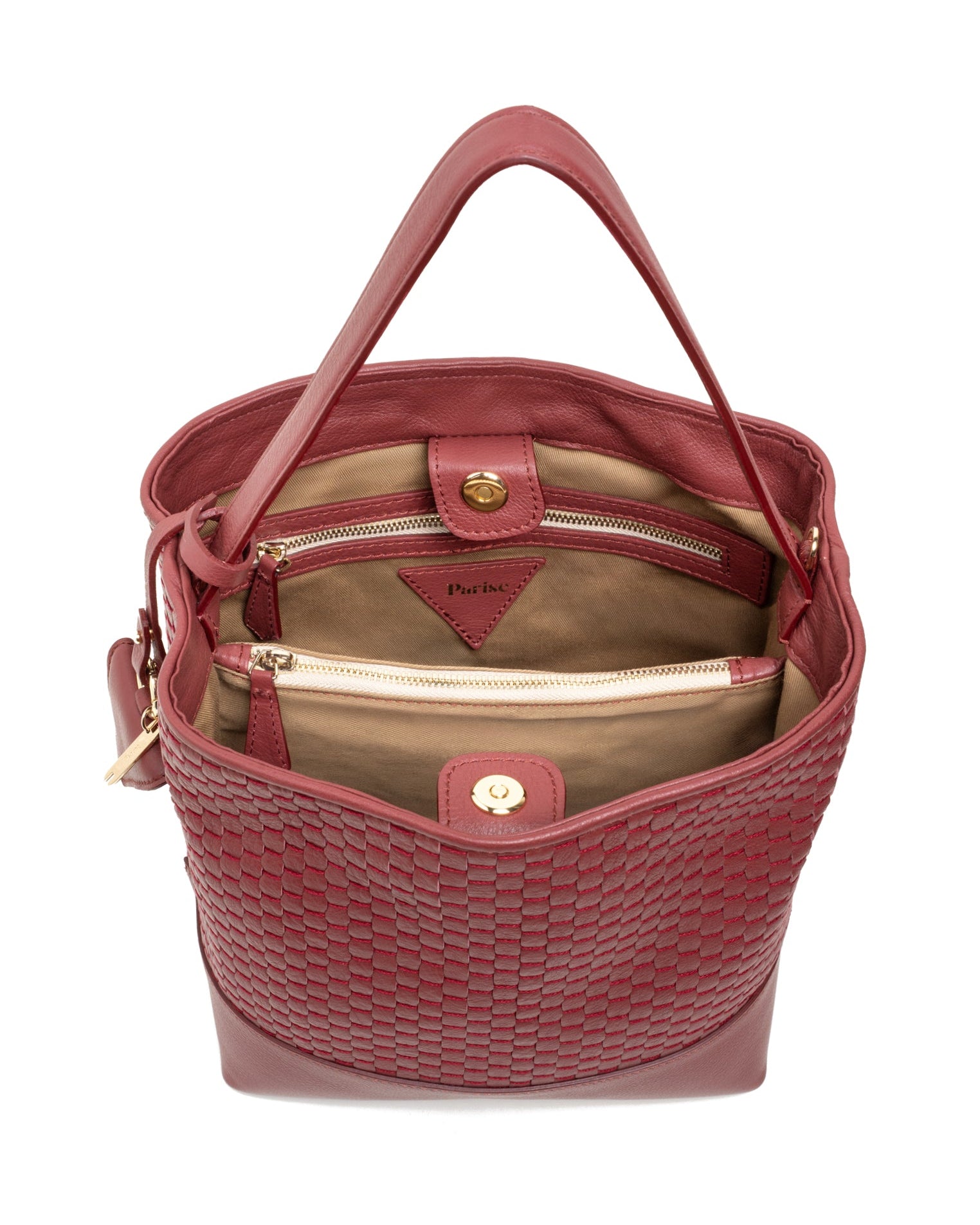 Parise ‘51’ Large Bucket Bag in Chianti — handwoven Italian leather crafted on 18th-century wooden looms in Veneto. Available at Experience 27 Madrid.
