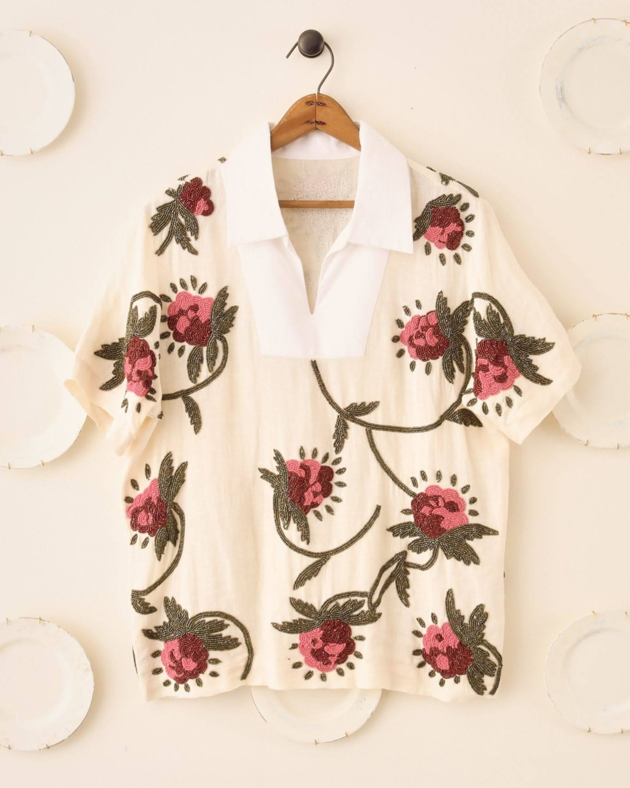 Front view of S.S. Daley Iona Beaded Rugby Shirt in ivory with pink floral beading