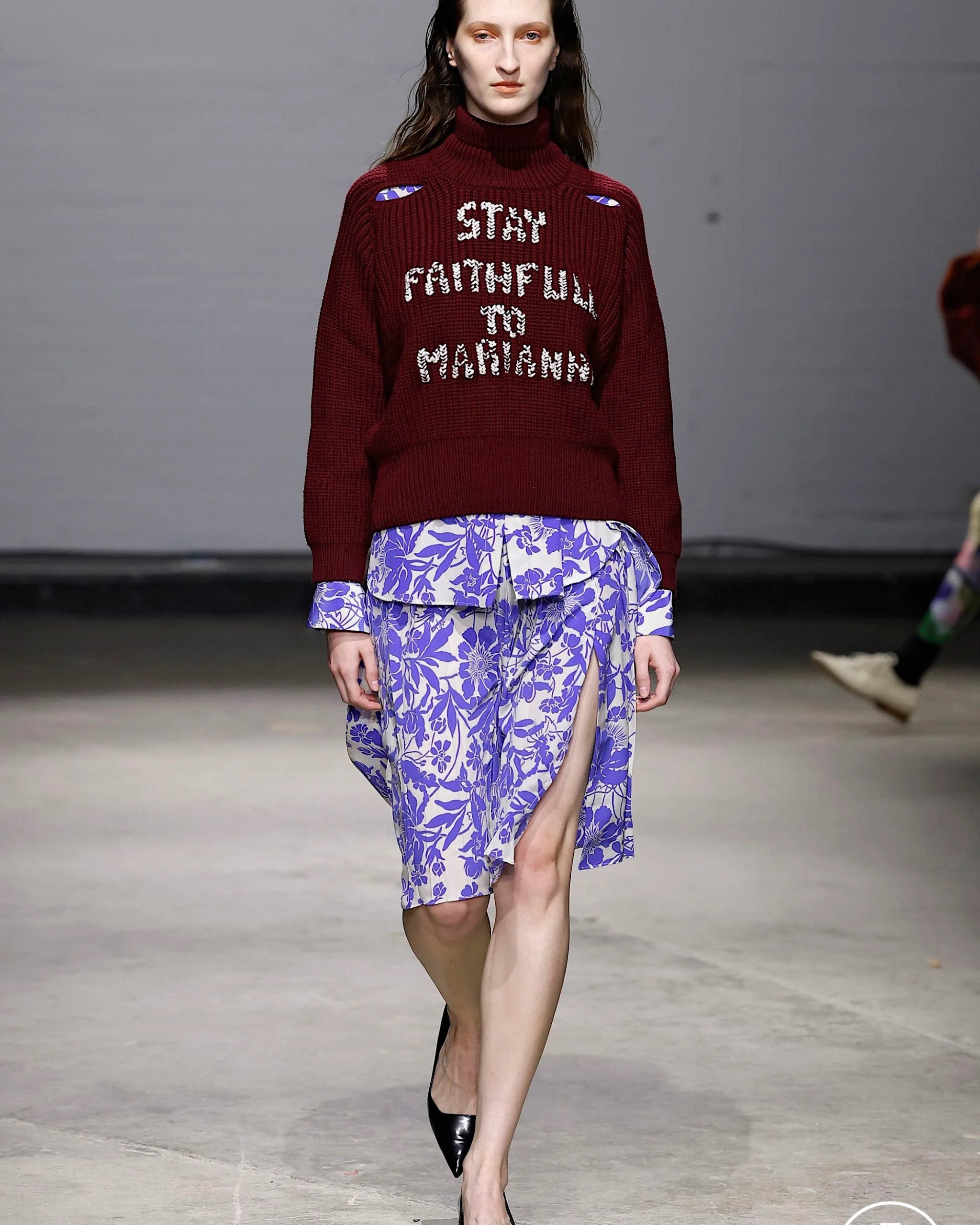 Runway look featuring the Wilma Floral Pleated Skirt styled with knitwear