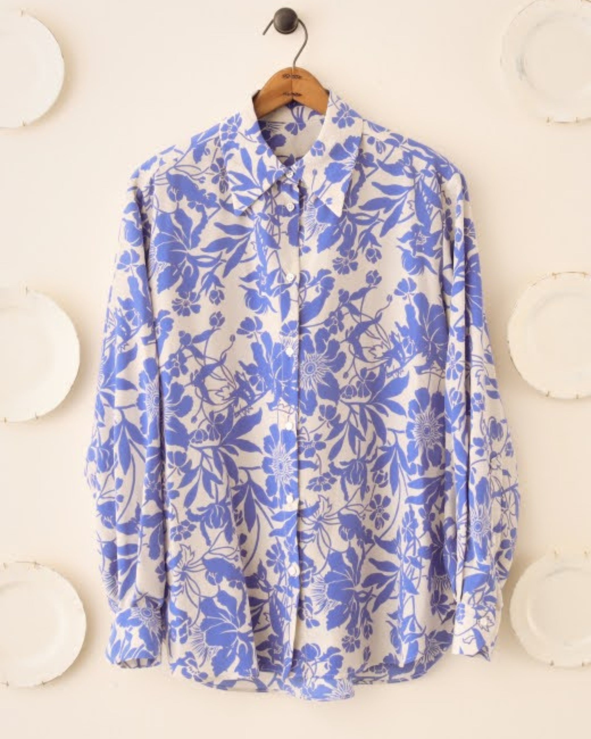 Front view of S.S. Daley Wilma Floral Shirt in blue and white silk with floral cut-out design