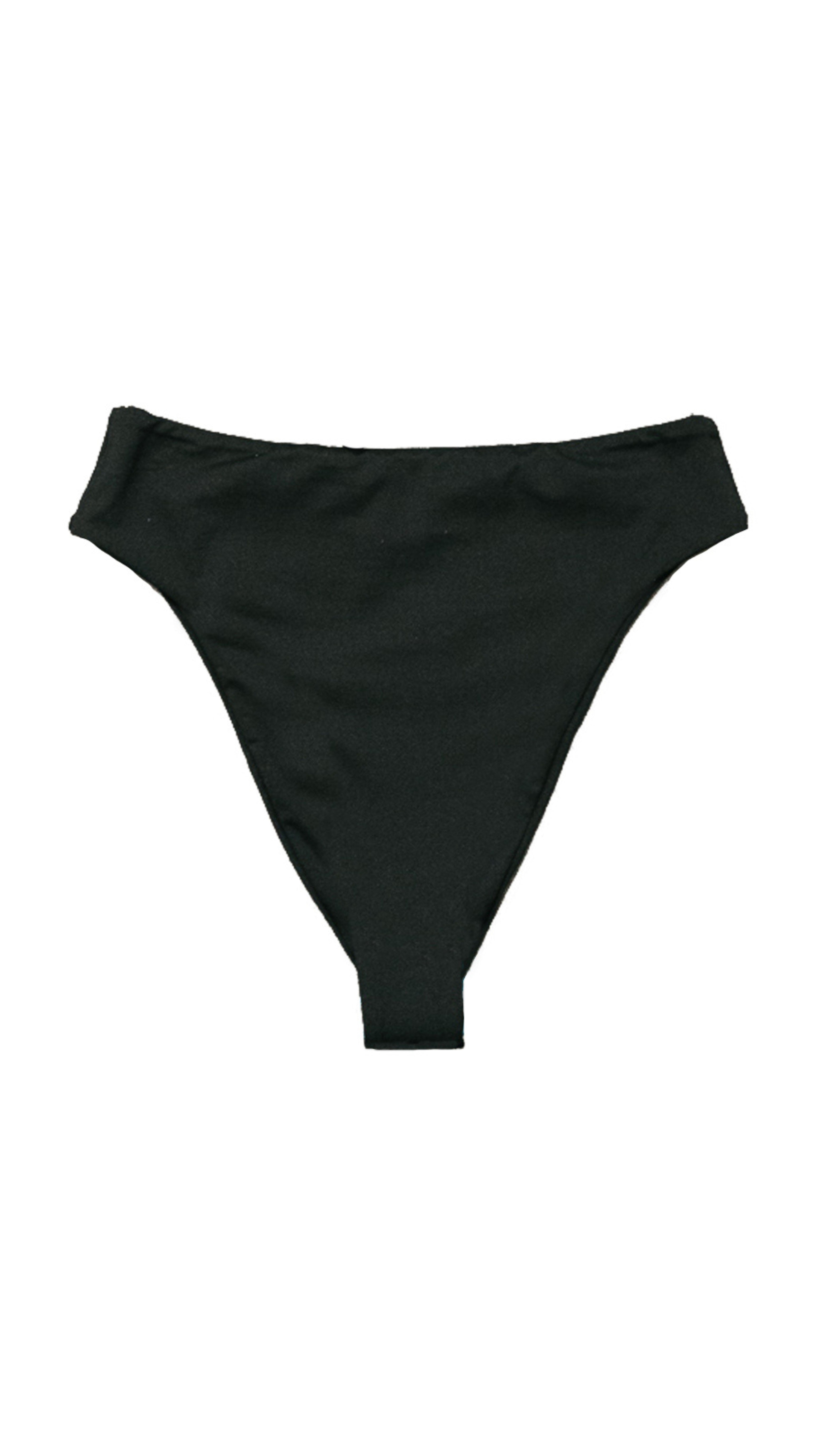 Leslie Amon High Waist Bikini Bottom in Black. Medium coverage and four way stretch material. Product photo from the back.