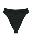 Leslie Amon High Waist Bikini Bottom in Black. Medium coverage and four way stretch material. Product photo from the back.