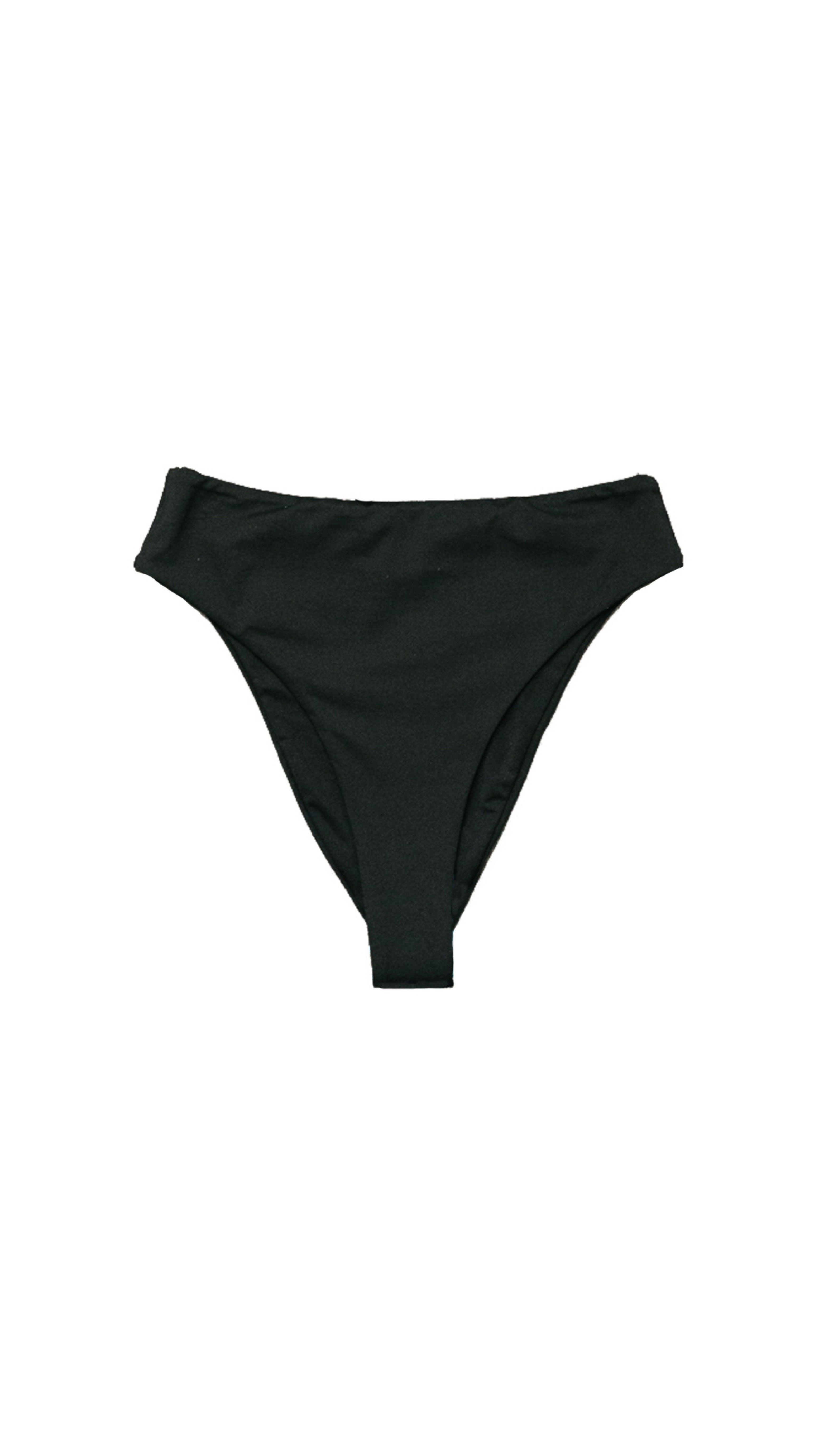 Leslie Amon High Waist Bikini Bottom in Black. Medium coverage and four way stretch material. Product photo from the front.