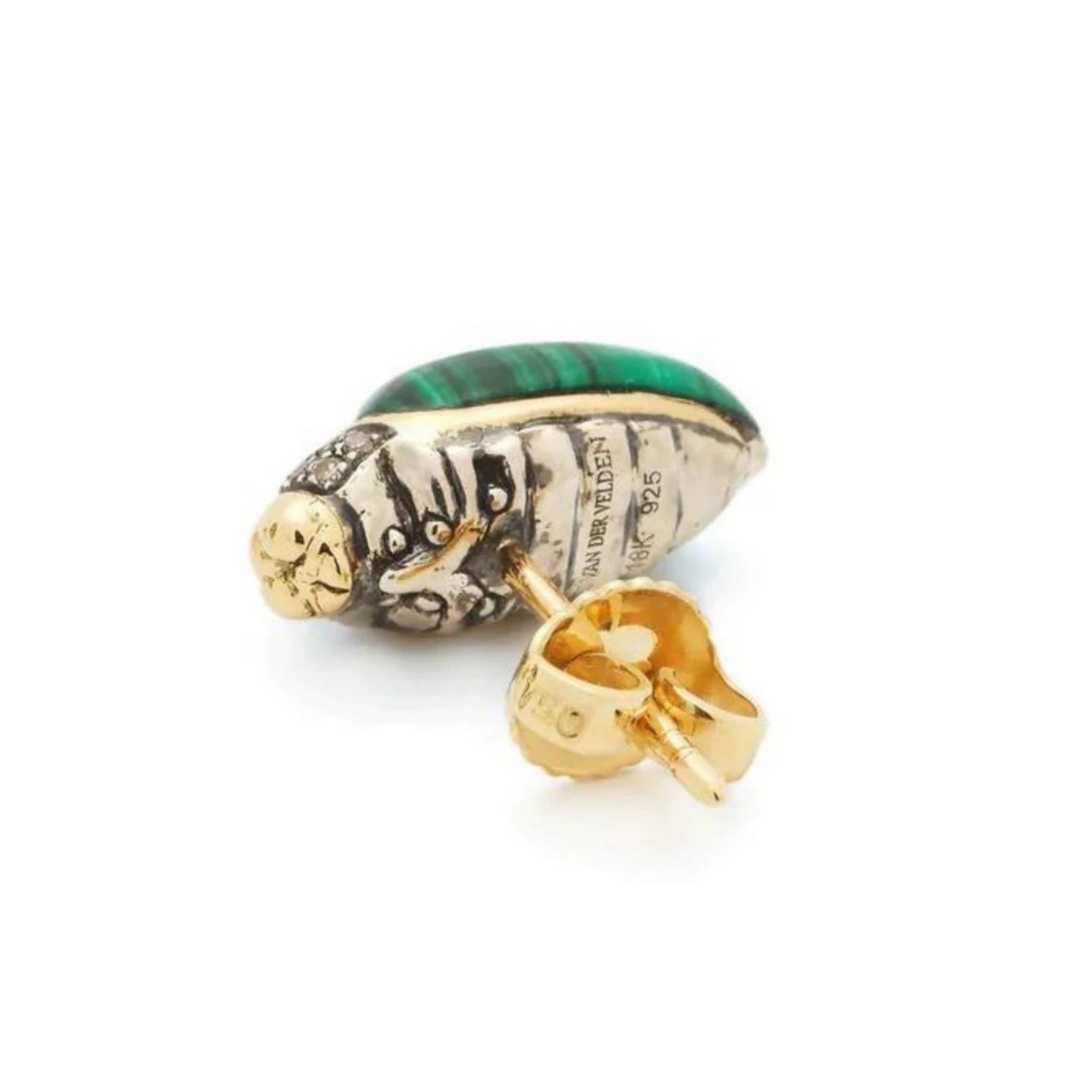 Bibi van der Velden, Mini Scarab Malachite Stud. Crafted in 18K yellow gold sterling silver with the body of the scarab carved from malachite stone and embellished with brown diamonds. Shown from the back view.