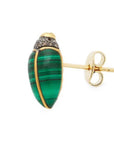Bibi van der Velden, Mini Scarab Malachite Stud. Crafted in 18K yellow gold sterling silver with the body of the scarab carved from malachite stone and embellished with brown diamonds. Shown from the side view.