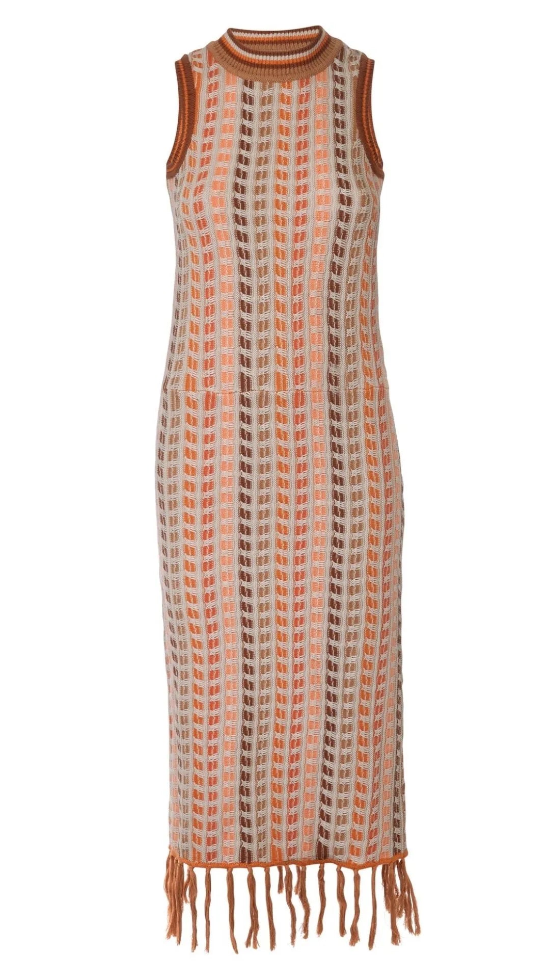 Dodo Bar Or Bono Dress. Hand crocheted in 100% cotton it is sleeveless and midi in length. The botton hem has a fringe. It features a beautiful blend of ecru, orange and browns. Product photo shown from front view.