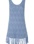 Dodo Bar Or Joe Long Top n Sky Blue. Hand crocheted in 100% cotton, this is a sleeveless style with rounded neck and low scooped back. The bottom hem is fringed. This is a product photo from the front.