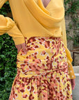 Alexandre Blanc Cowl Neck Dress Silk Yellow and Pink with leopard skirt pattern. Elegant dress for party or wedding. Midi length. Shown on model front view details.