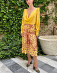 Alexandre Blanc Cowl Neck Dress Silk Yellow and Pink with leopard skirt pattern. Elegant dress for party or wedding. Midi length. Shown on model front view.