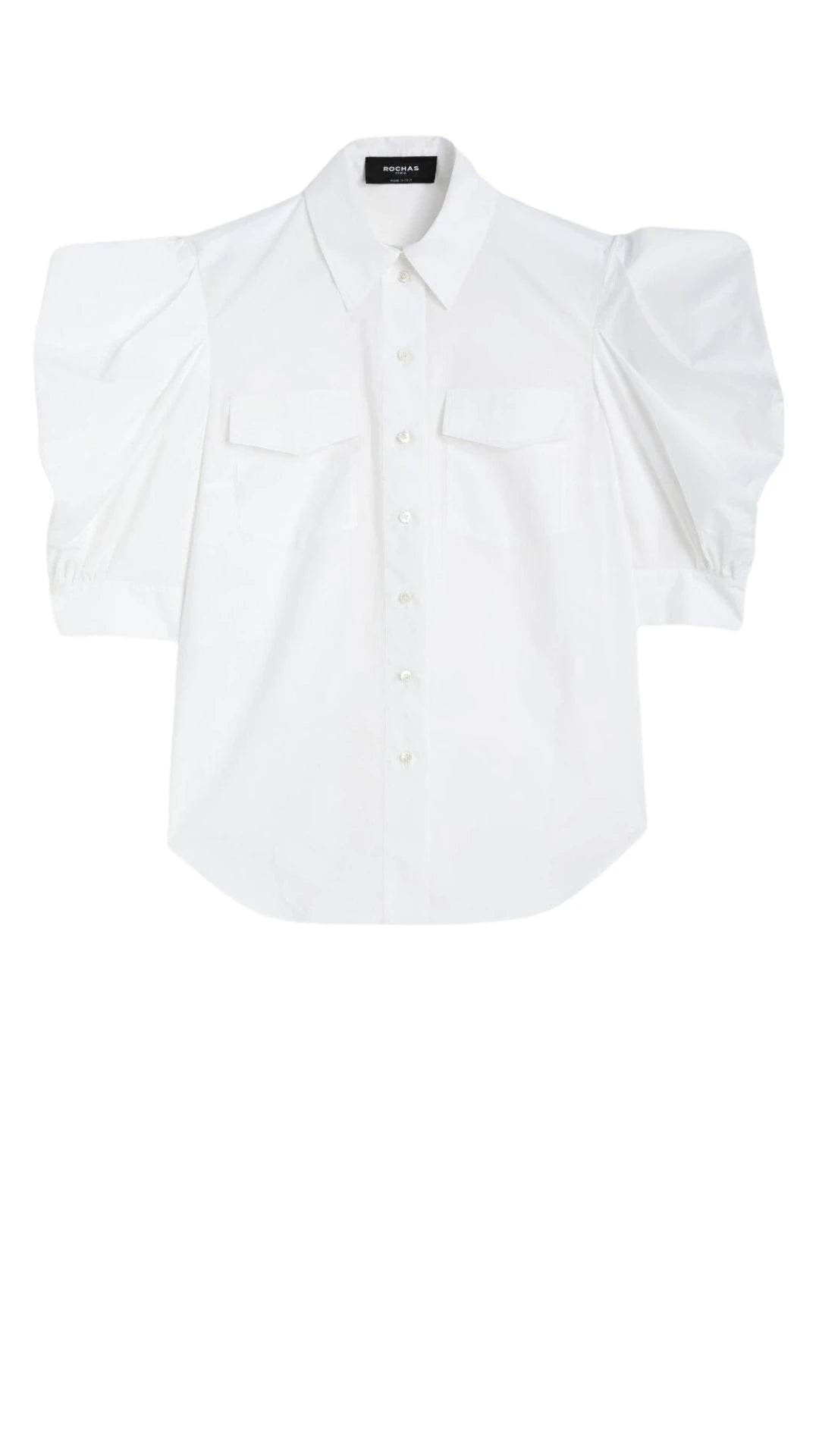 Rochas Paris Cotton Poplin Short Sleeved Shirt. A button up blouse in lightweight cotton it has two front pockets and puffed sleeves. Product photo of the front.