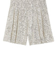 Rochas Paris Fashion High-Waisted Sparkle Shorts in silver sequins. High waisted with a wide leg that lands just above the knee. Product photo of front of shorts.