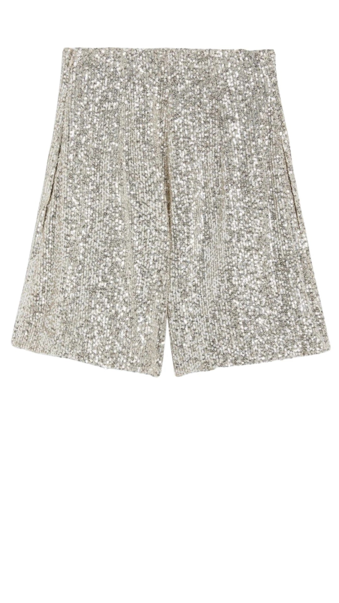 Rochas Paris Fashion High-Waisted Sparkle Shorts in silver sequins. High waisted with a wide leg that lands just above the knee. Product photo of shorts from the back.