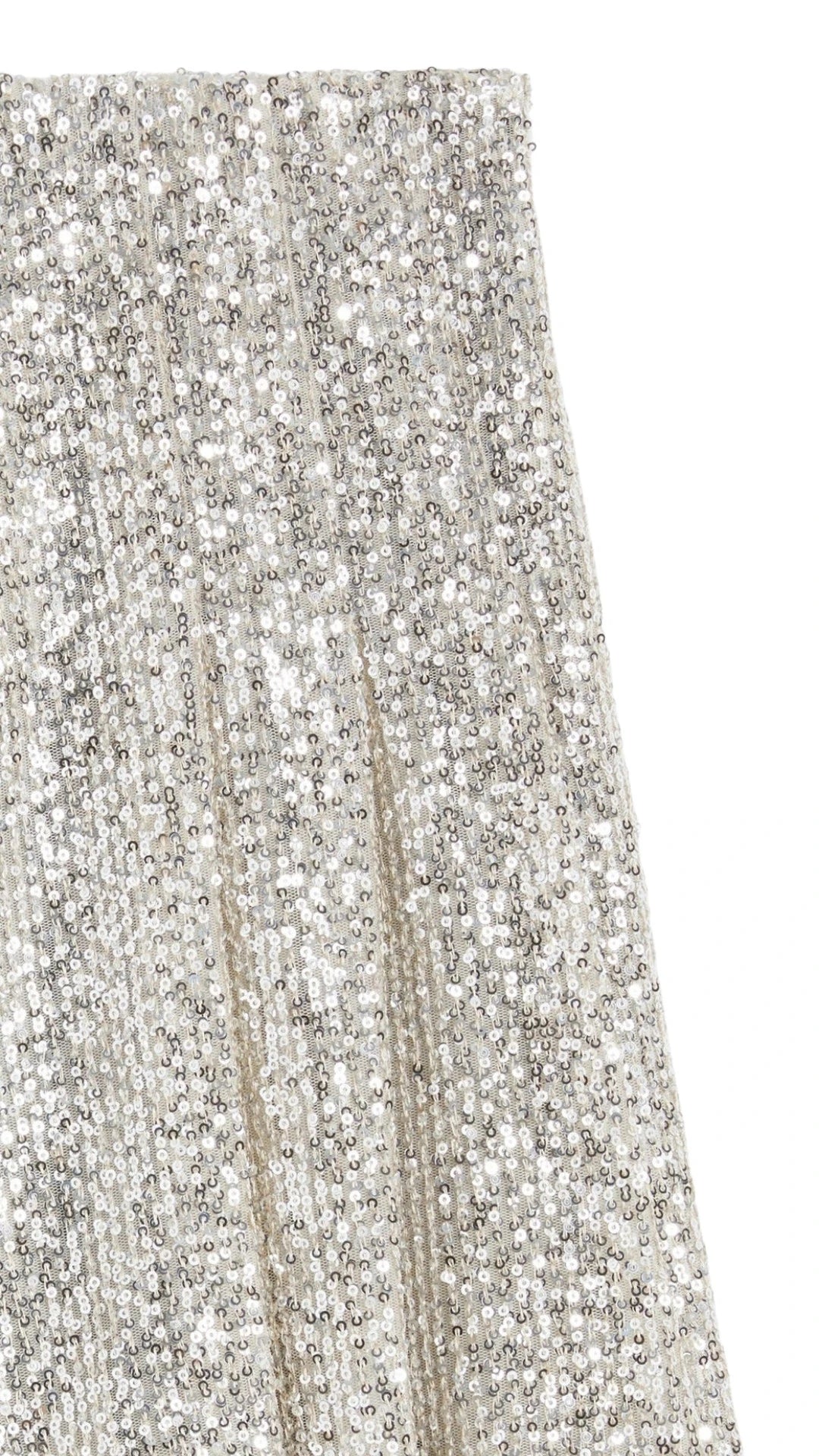 Rochas Paris Fashion High-Waisted Sparkle Shorts in silver sequins. High waisted with a wide leg that lands just above the knee. Detail of sequin material.