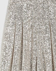 Rochas Paris Fashion High Waisted Sparkle Pants. Crafted in silver paillette sequins, they are tailored with a subtle front pleating and a fitted waist to create a slim, flattering silhouette. Product photo showcasing the detail of the sequins.