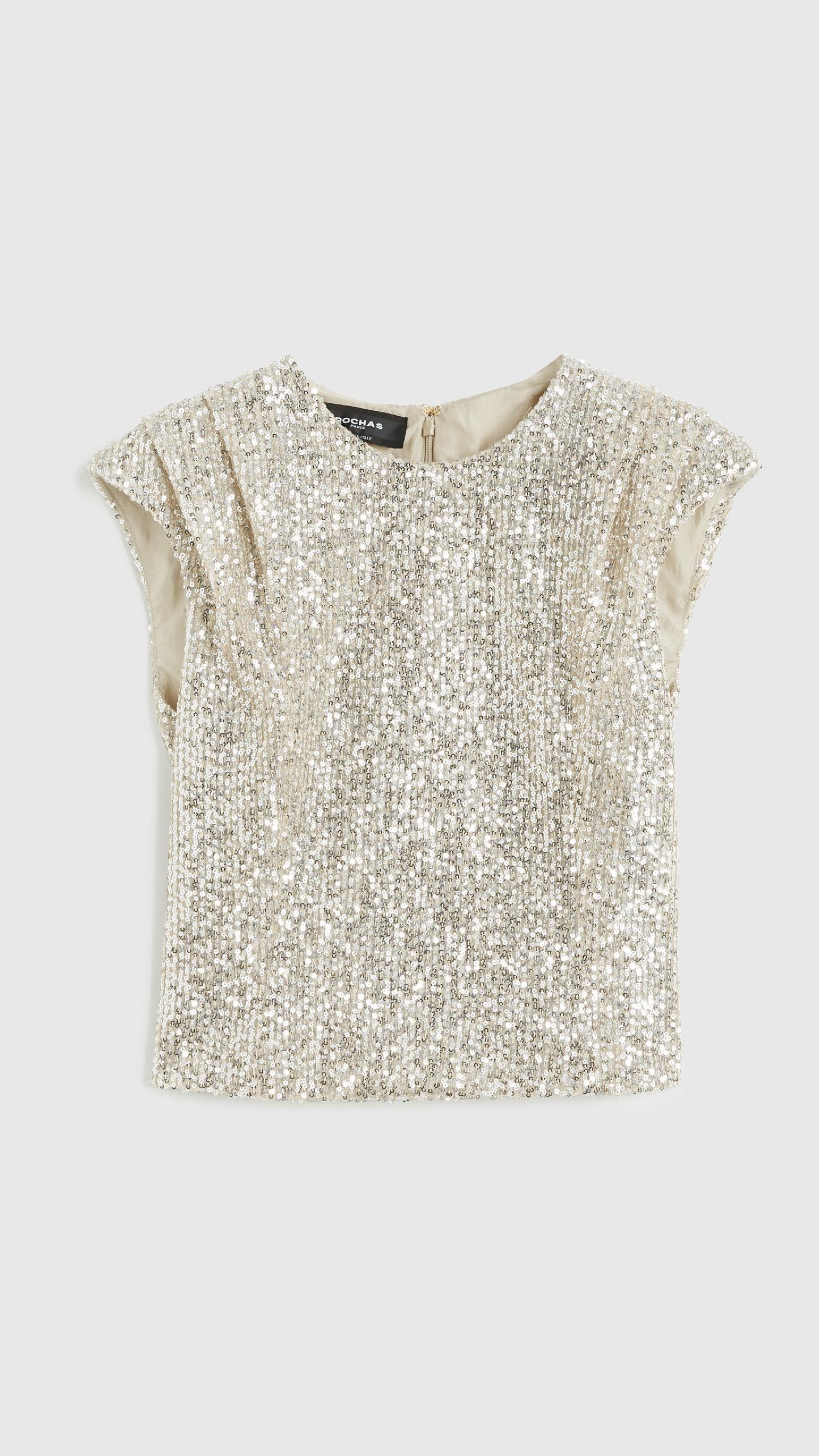 Rochas Paris Fashion Rounded Collar Sparkle Top Fitted Sleeveless Blouse with pleated shoulders in a silver sequins. Product photo shown front view.
