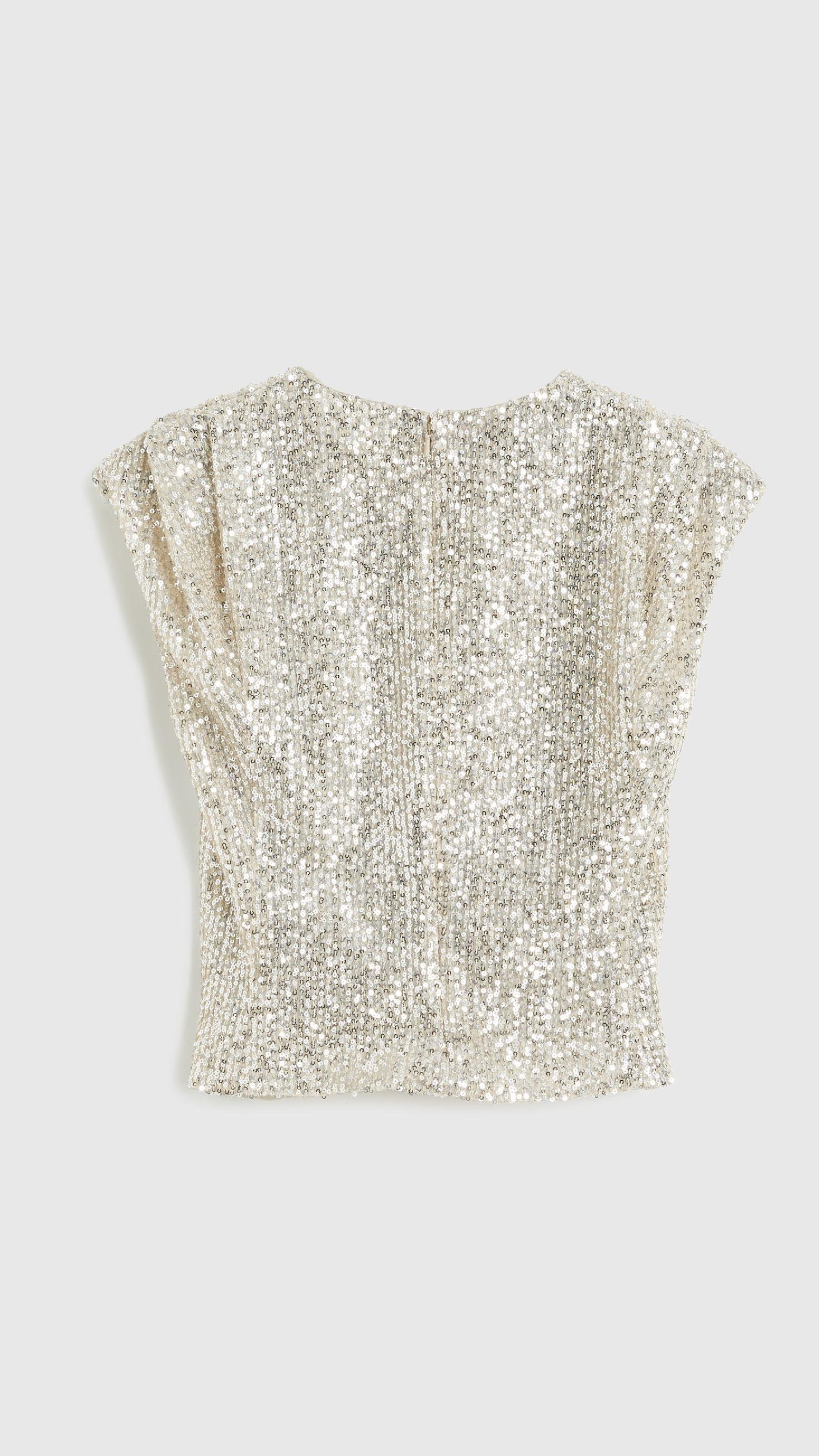 Rochas Paris Fashion Rounded Collar Sparkle Top Fitted Sleeveless Blouse with pleated shoulders in a silver sequins. Product photo shown back view.