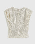 Rochas Paris Fashion Rounded Collar Sparkle Top Fitted Sleeveless Blouse with pleated shoulders in a silver sequins. Product photo shown back view.