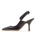 Rupert Sanderson Strabo Heel in Black Leather with Gold details. 75mm pumps classic style with an edge. Side view showing pointed toe and adjustable ankle strap. Experience 27 Madrid. Luxury shoes.