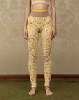 Clea Stuart Seed Leggings Yellow, brown and ecru cotton and silk knits. Made in Spain. Limited edition pieces. Luxury knitwear