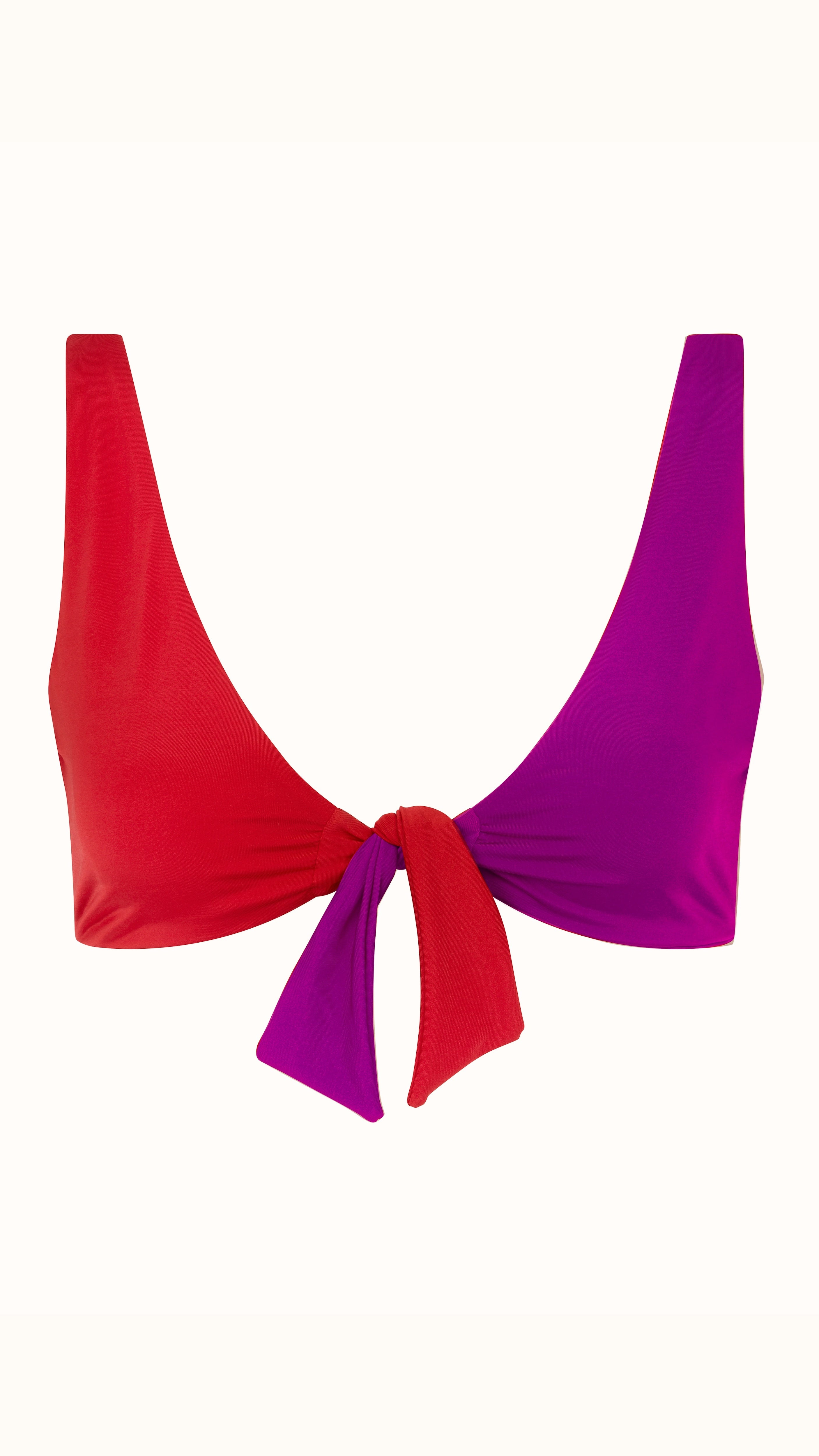 Talia Collins The Bow Tie Top in Red and Plum. Sustainable swimwear made from recycled materials. Classic front tying bikini top in color block red and purple. V neck coverage bikini bathing suit top. Experience 27 Madrid. Product photo front view.