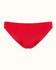 Talia Collins The Classic Brief in Red. Sustainable swimwear made from recycled materials. Classic seamless one piece bikini bottom in brief style. Full coverage bikini bathing suit bottoms. Experience 27 Madrid. Product photo front view.