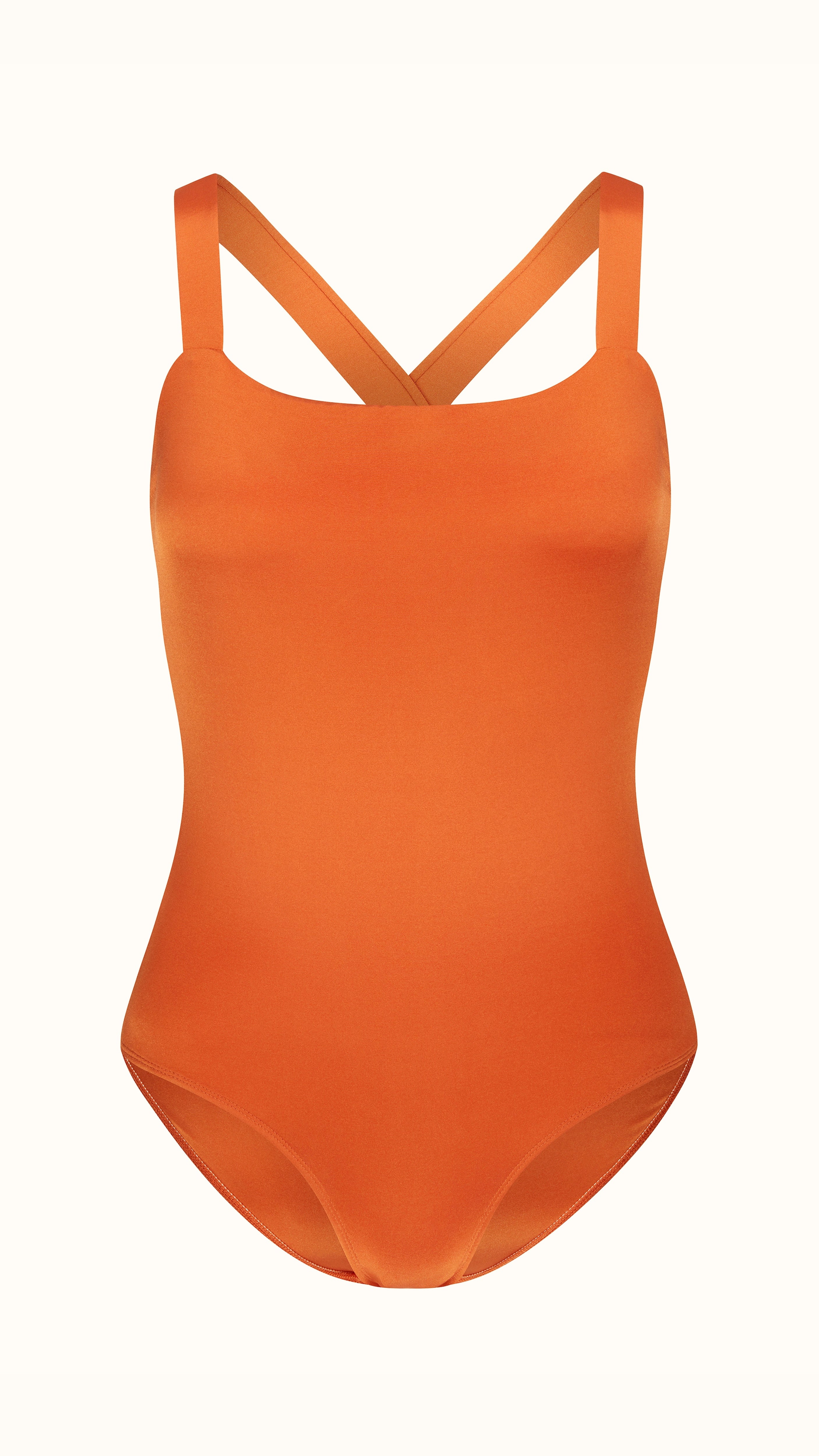 Talia Collins Cross Back Swimsuit in Terracotta Orange. Sustainable swimwear made from recycled materials. One piece classic swimsuit style with cross straps in the back. Scoop neck with full coverage bikini bathing suit top and bum coverage. Experience 27 Madrid. Product photo front view.