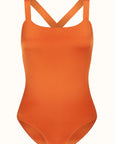 Talia Collins Cross Back Swimsuit in Terracotta Orange. Sustainable swimwear made from recycled materials. One piece classic swimsuit style with cross straps in the back. Scoop neck with full coverage bikini bathing suit top and bum coverage. Experience 27 Madrid. Product photo front view.