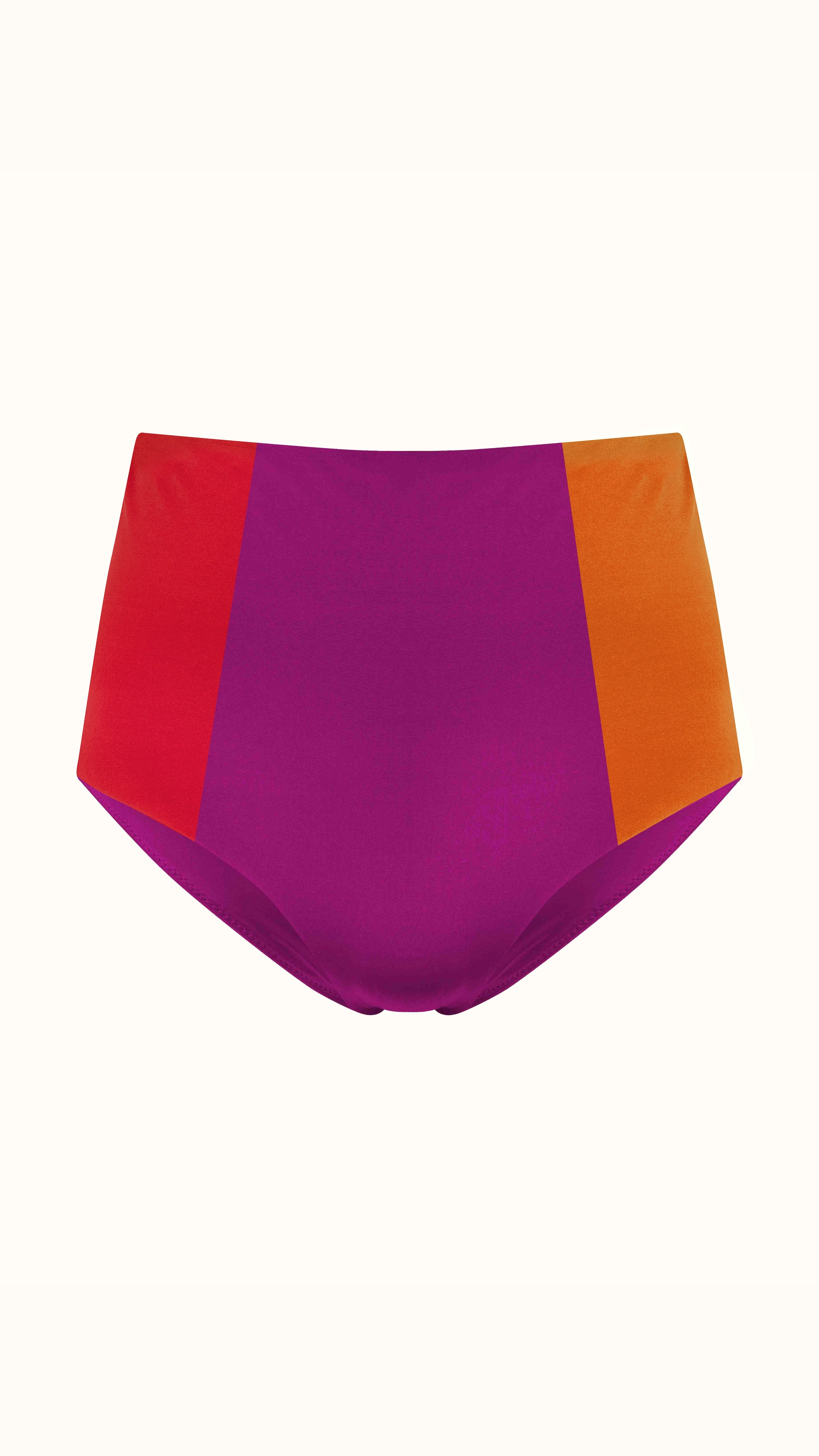 Talia Collins The High Wasited Brief in Red, plum and orange. Sustainable swimwear made from recycled materials. Three color block panels in retro high waist style. Full coverage bikini bathing suit bottoms. Experience 27 Madrid. Product photo front view.