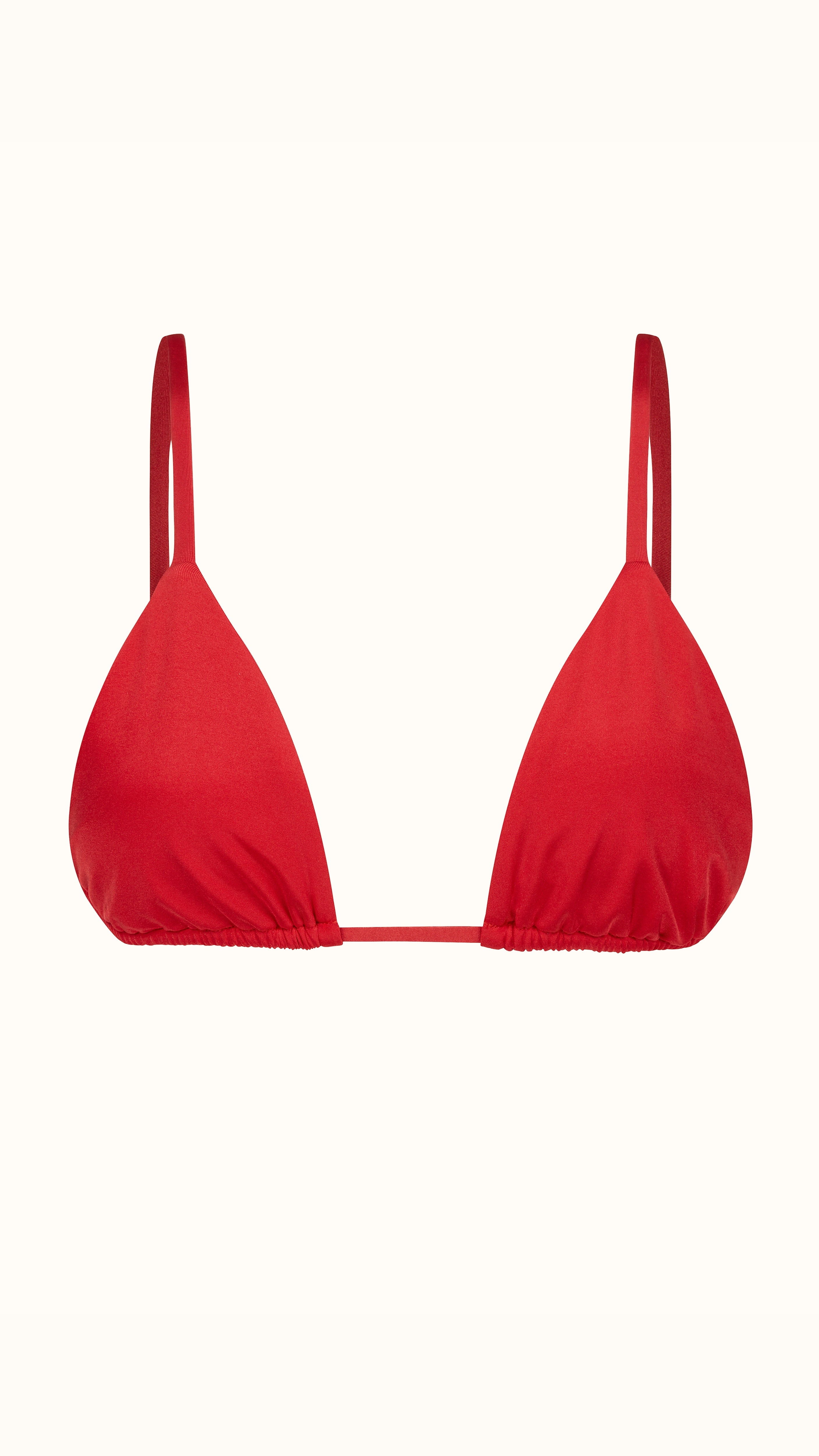 Talia Collins The Triangle Top in Red. Sustainable swimwear made from recycled materials. Classic tie triangle bra bikini top in red. V neck coverage bikini bathing suit top. Adjustable straps from shoulder and neck styling. Experience 27 Madrid. Product photo front view.