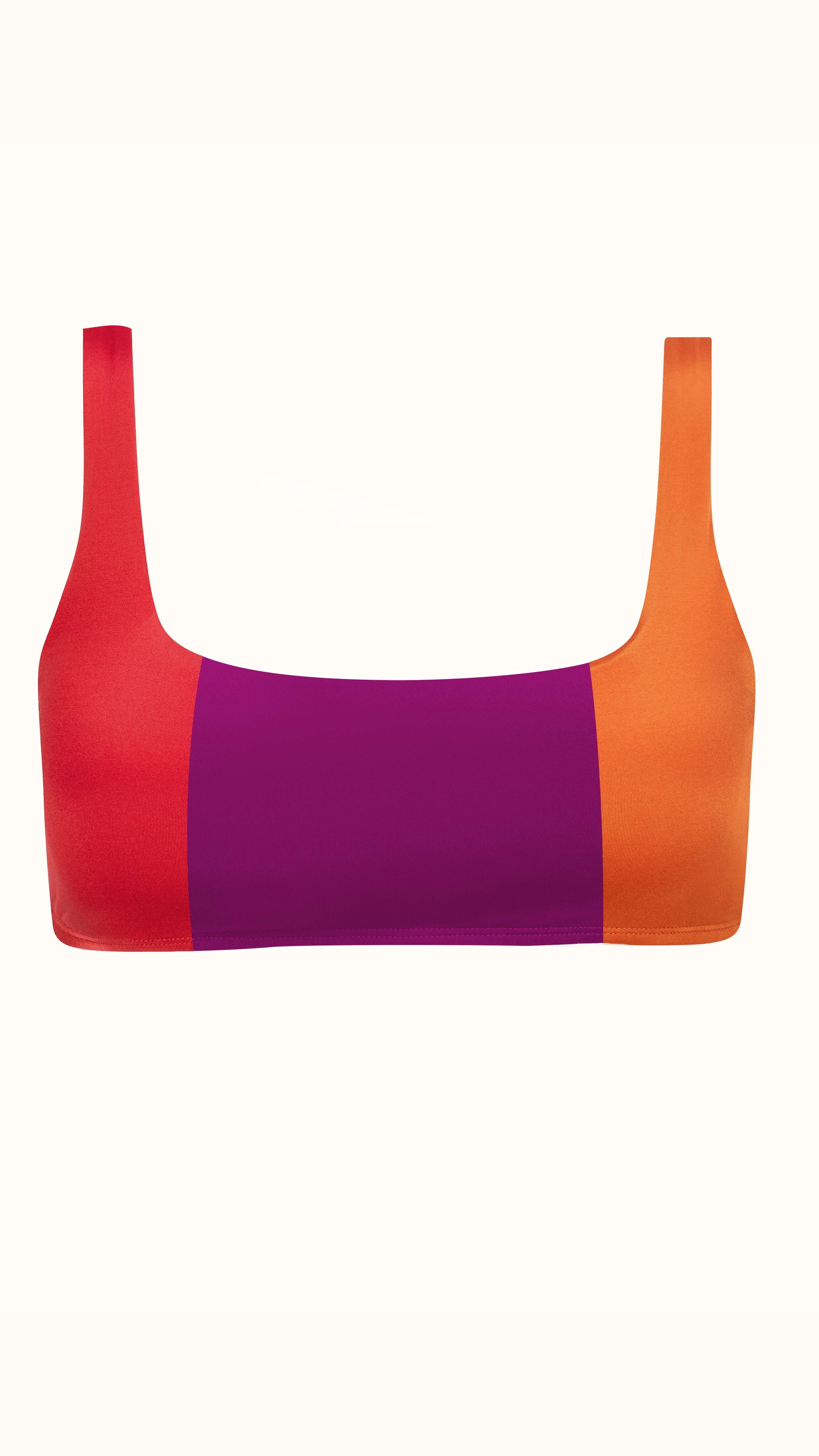 Talia Collins The Tricolor Athletic Top in Red, plum and orange. Sustainable swimwear made from recycled materials. Sports bra style bikini top. Scoop neck with full coverage bikini bathing suit top. Color block. Experience 27 Madrid. Product photo front view.